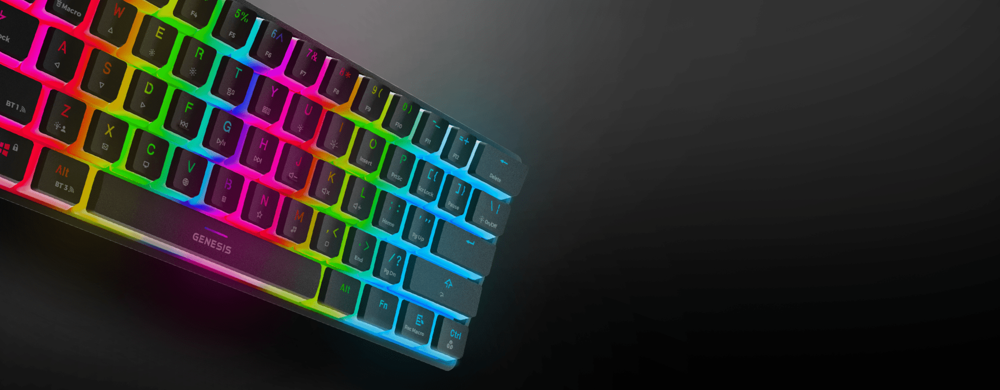 Keyboard with colorful backlighting and a sleek black design.