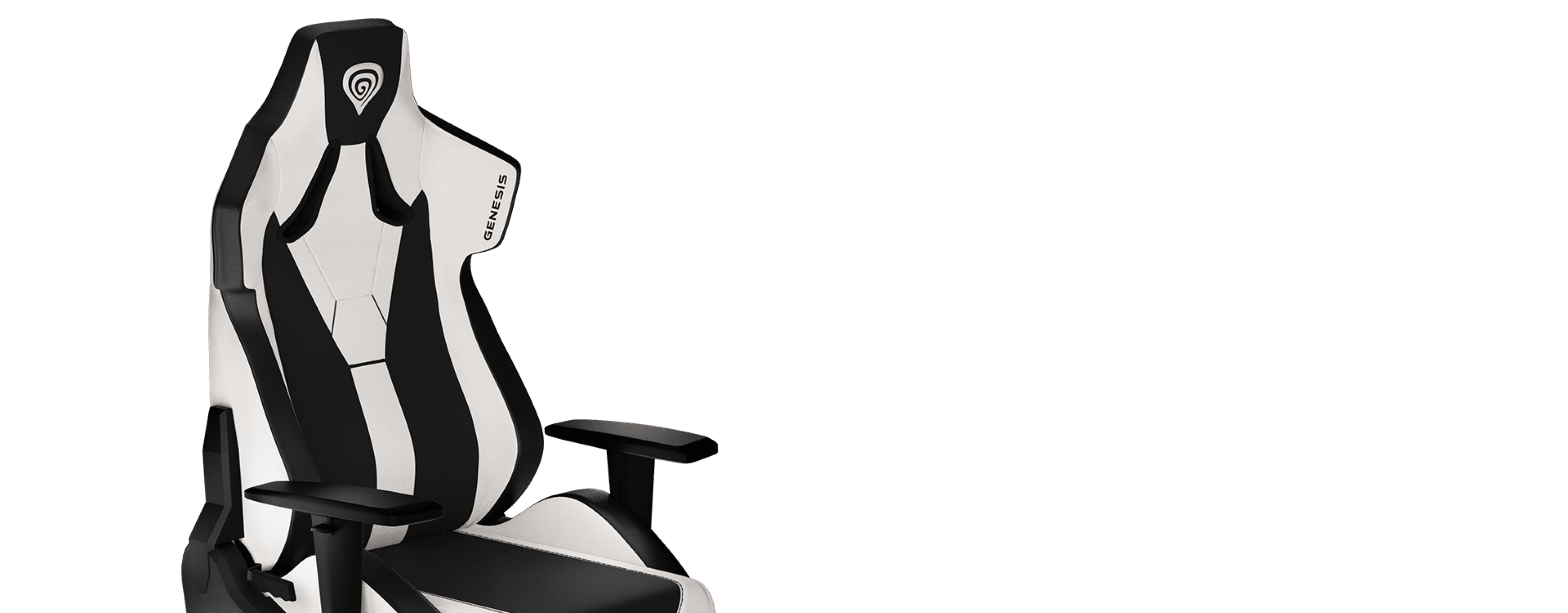 Gaming chair with a high back, designed in black and white colors, featuring adjustable armrests.