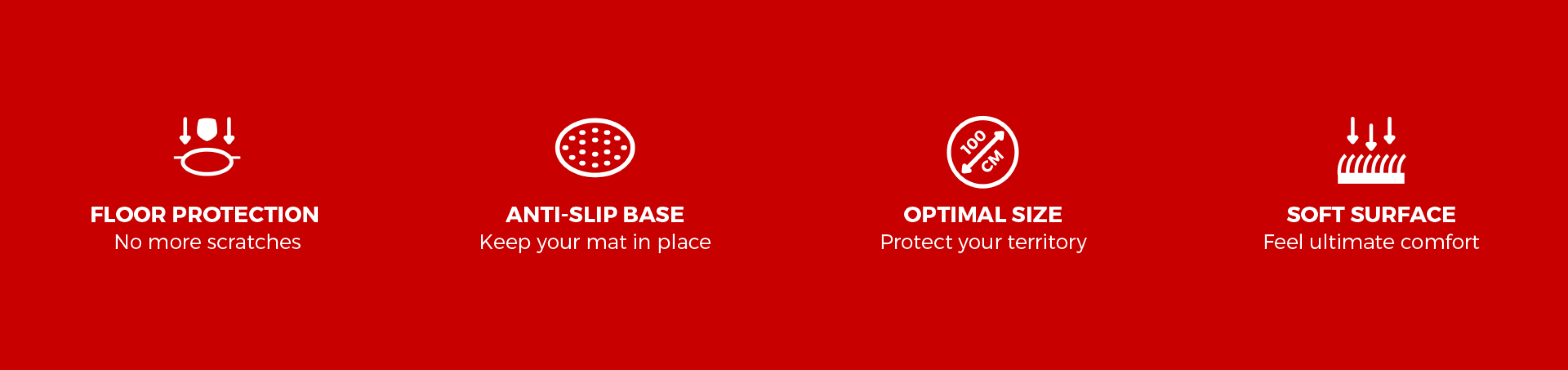 Red background with icons and text highlighting the features: floor protection, anti-slip base, optimal size, and soft surface