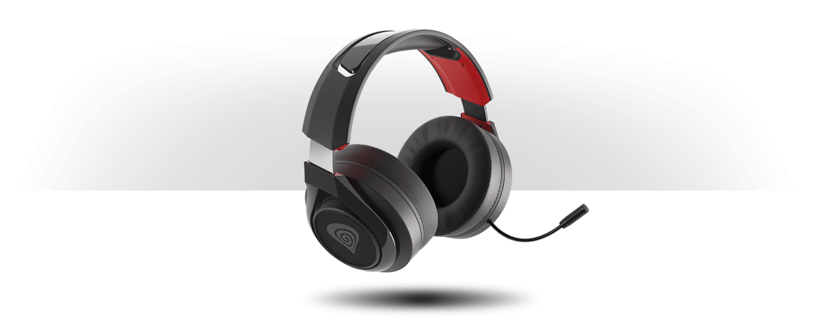 Wireless over-ear headphones in black and red with a detachable microphone