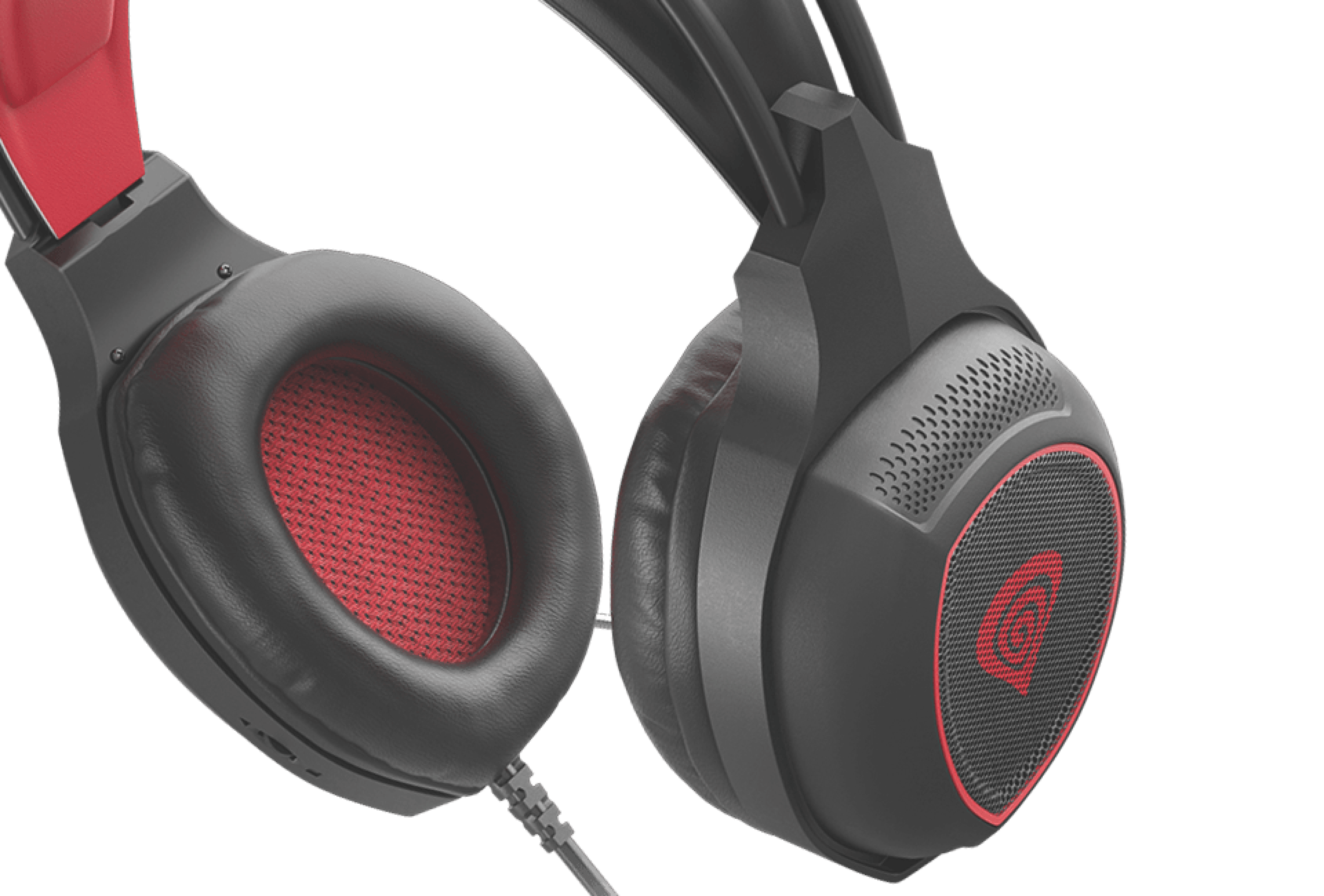 Headphones with a black and red color scheme and padded ear cups for comfort.