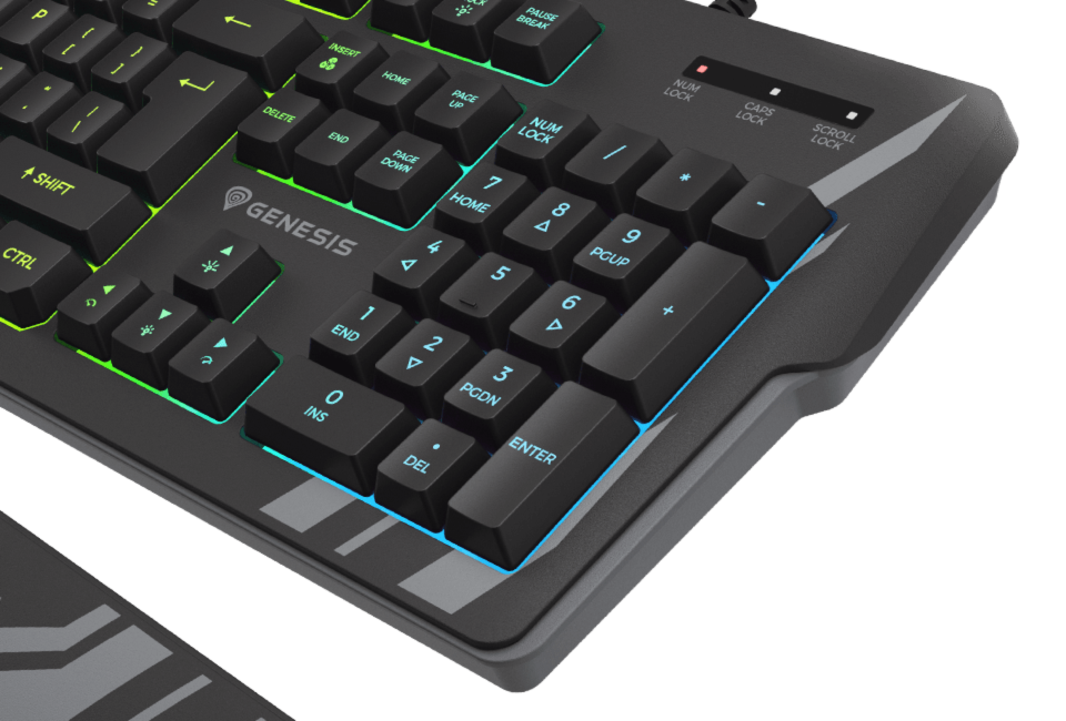 Close-up of a keyboard featuring multicolored backlighting and a wrist rest.