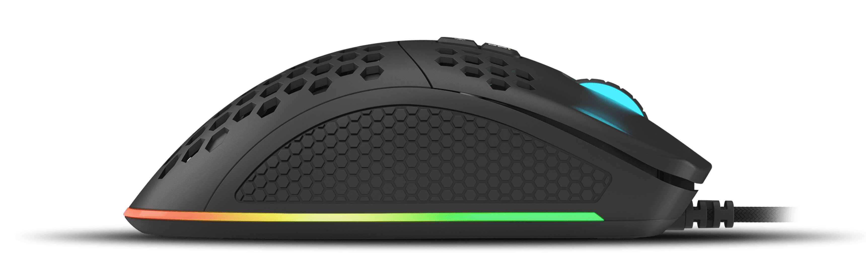 Black gaming mouse with RGB lighting, featuring a honeycomb design and programmable buttons, designed for high-precision use