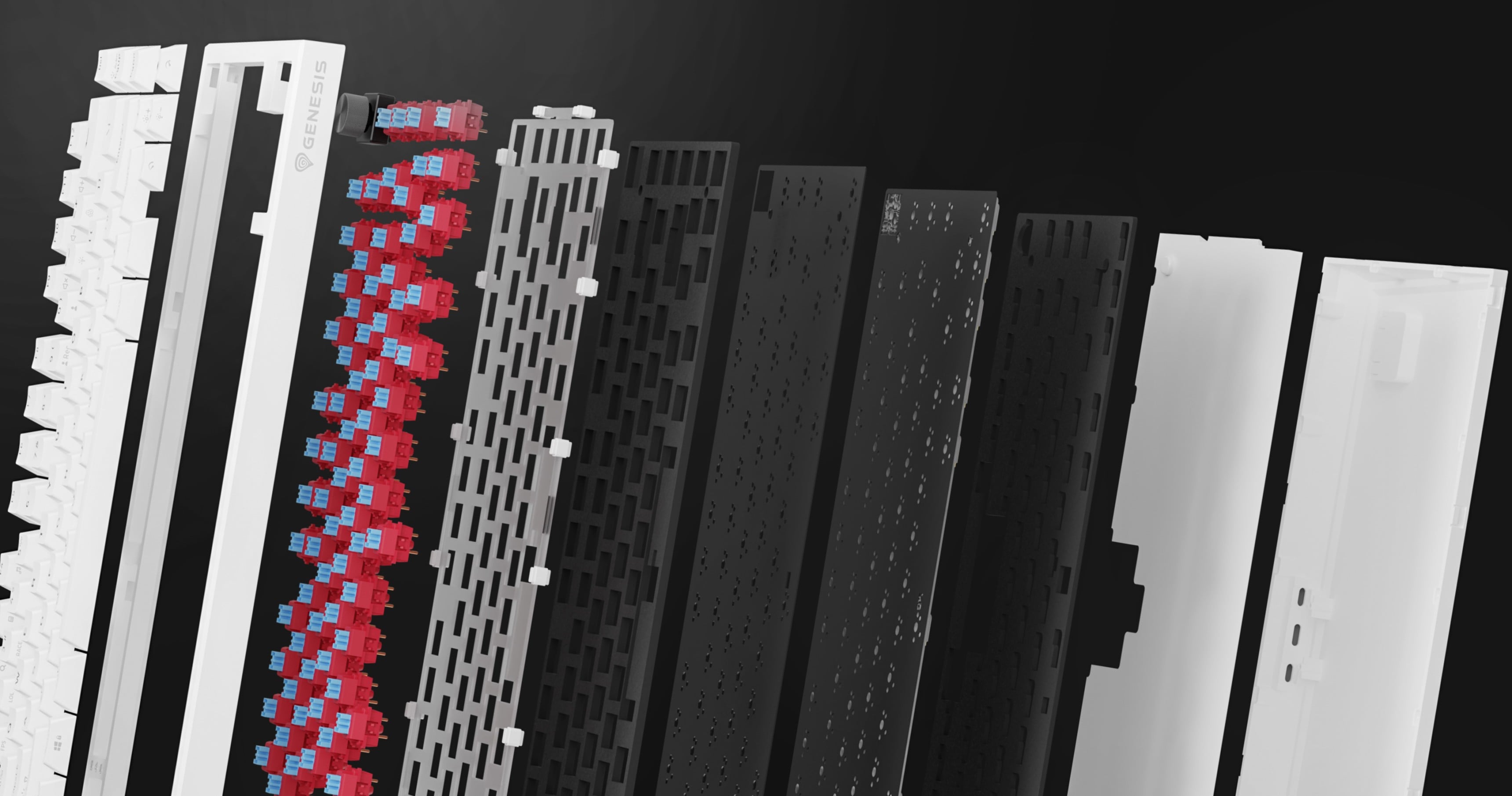 Various panels in different colors and patterns arranged in a row against a dark background.