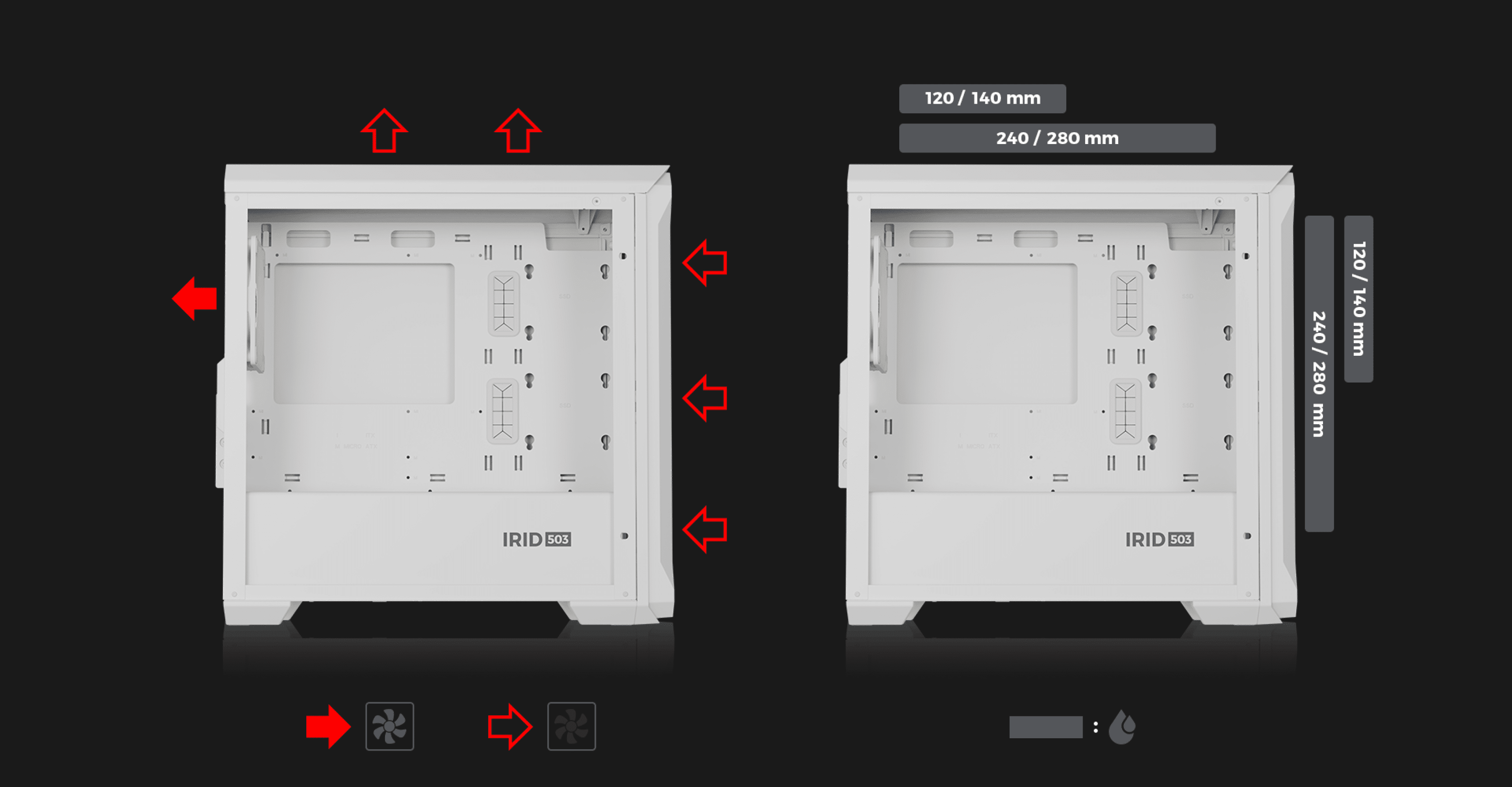 White MATX mini tower case with a transparent side panel, showcasing fan mounting options and specifications for cooling components