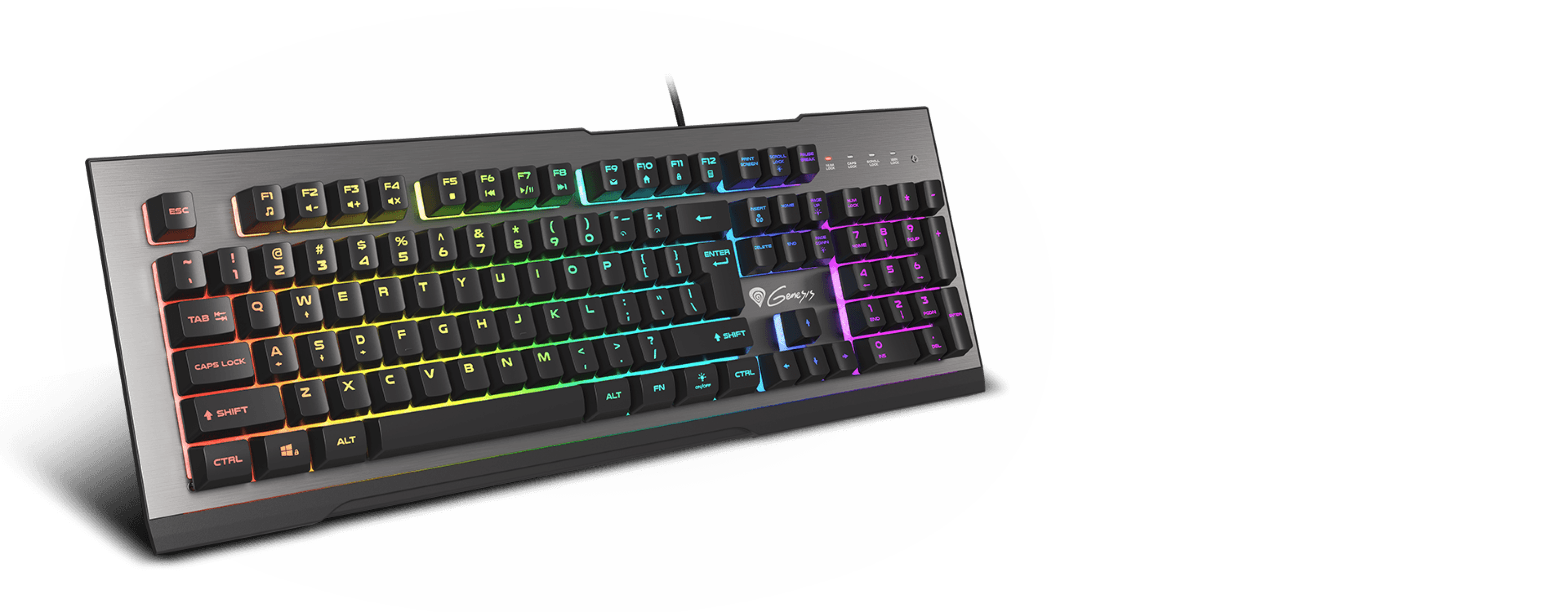 Keyboard with a variety of colorful backlighting and a connected cable.