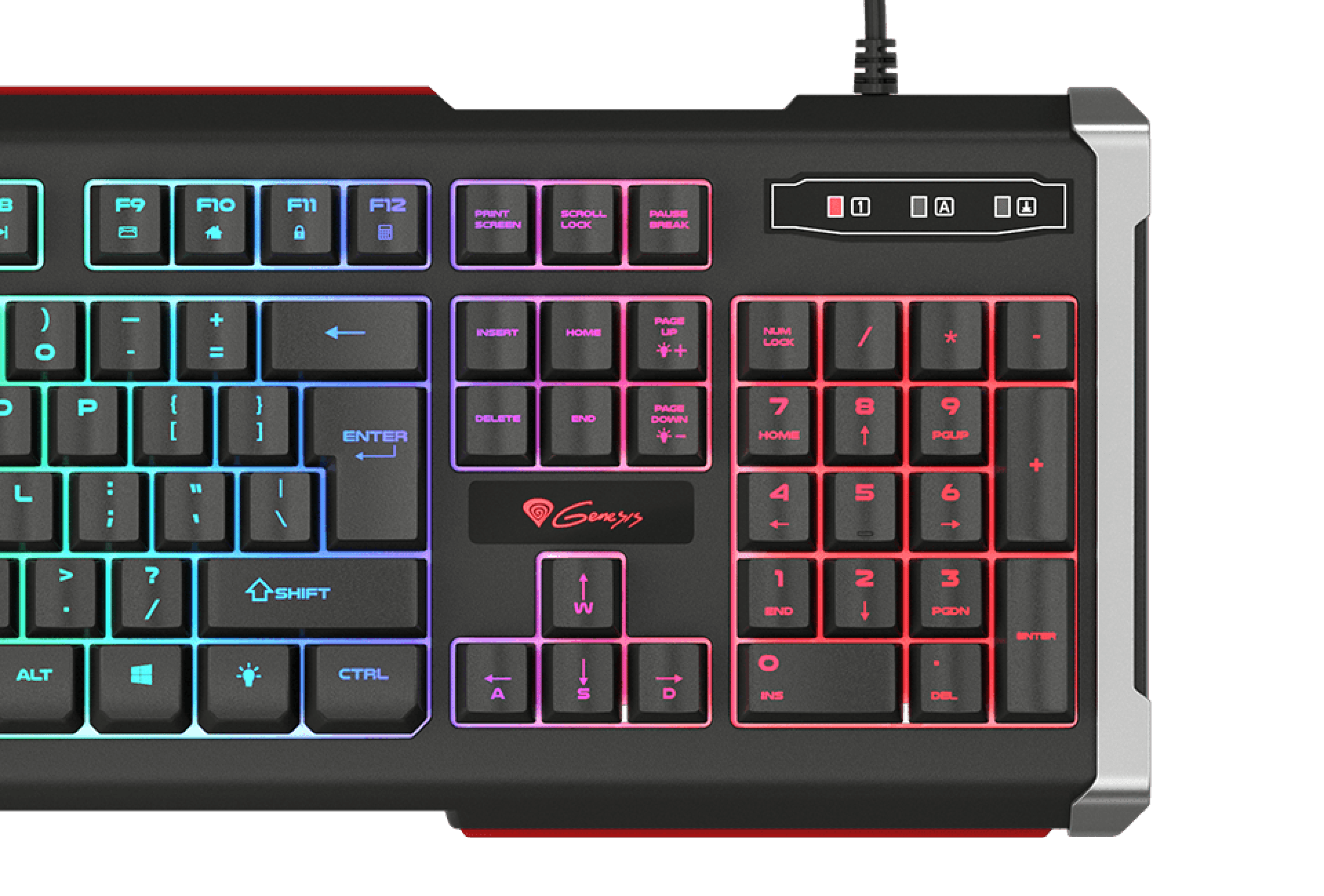 A gaming keyboard featuring colorful backlit keys and additional function buttons.