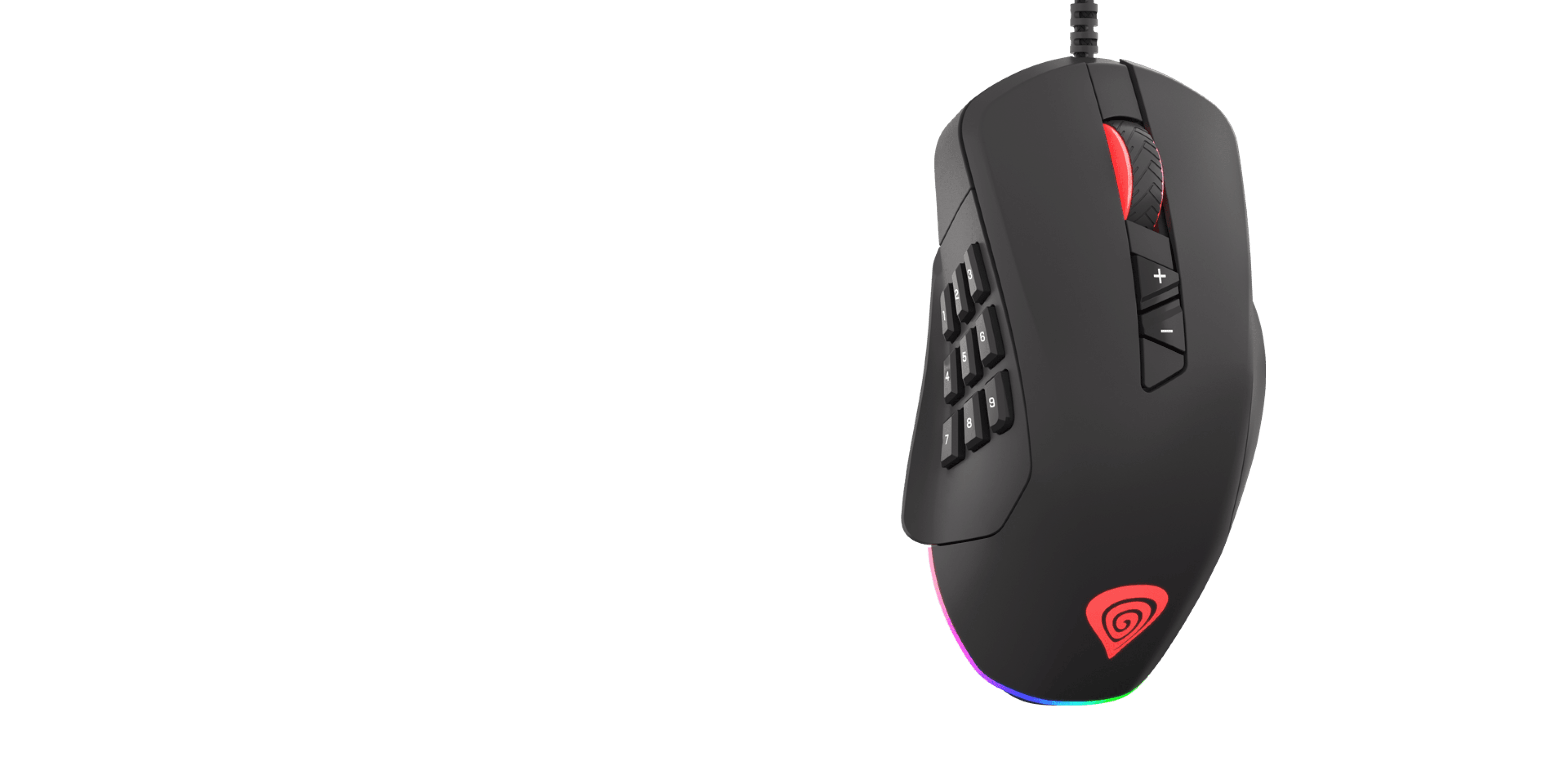 Gaming mouse with multiple side buttons and a glowing light at the base.