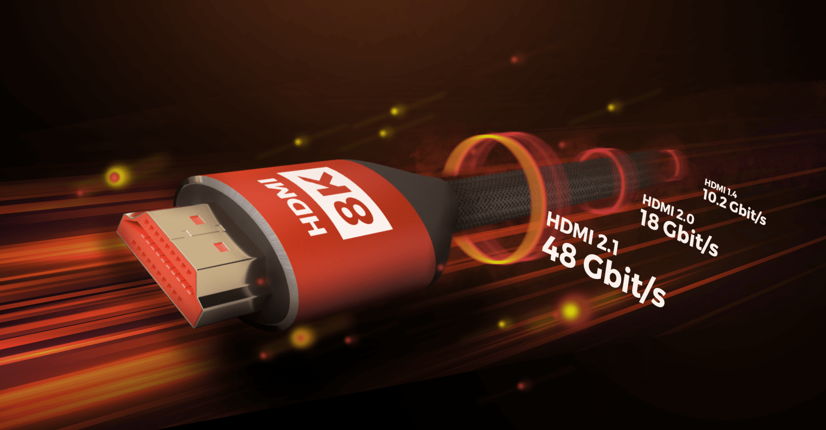 HDMI cable featuring a vibrant design, labeled "8K" and demonstrating specifications for HDMI 2.1, supporting up to 48 Gbps