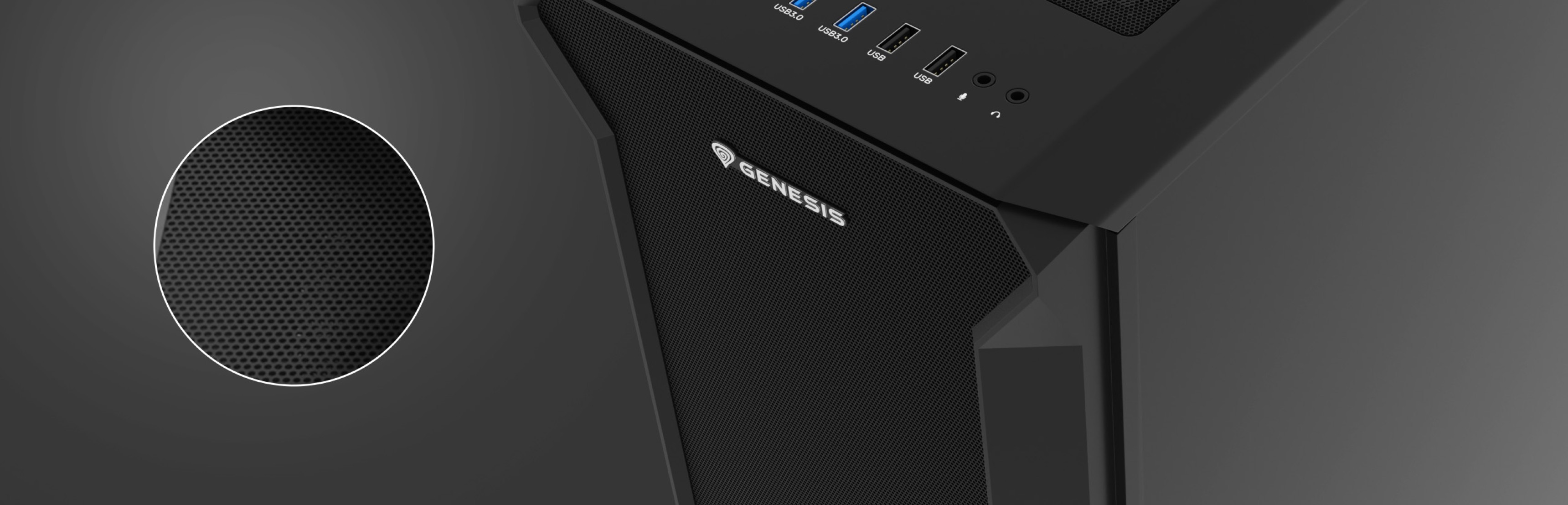 Black Genesis Irid 505F MIDI tower case with a transparent window and multiple front-facing ports