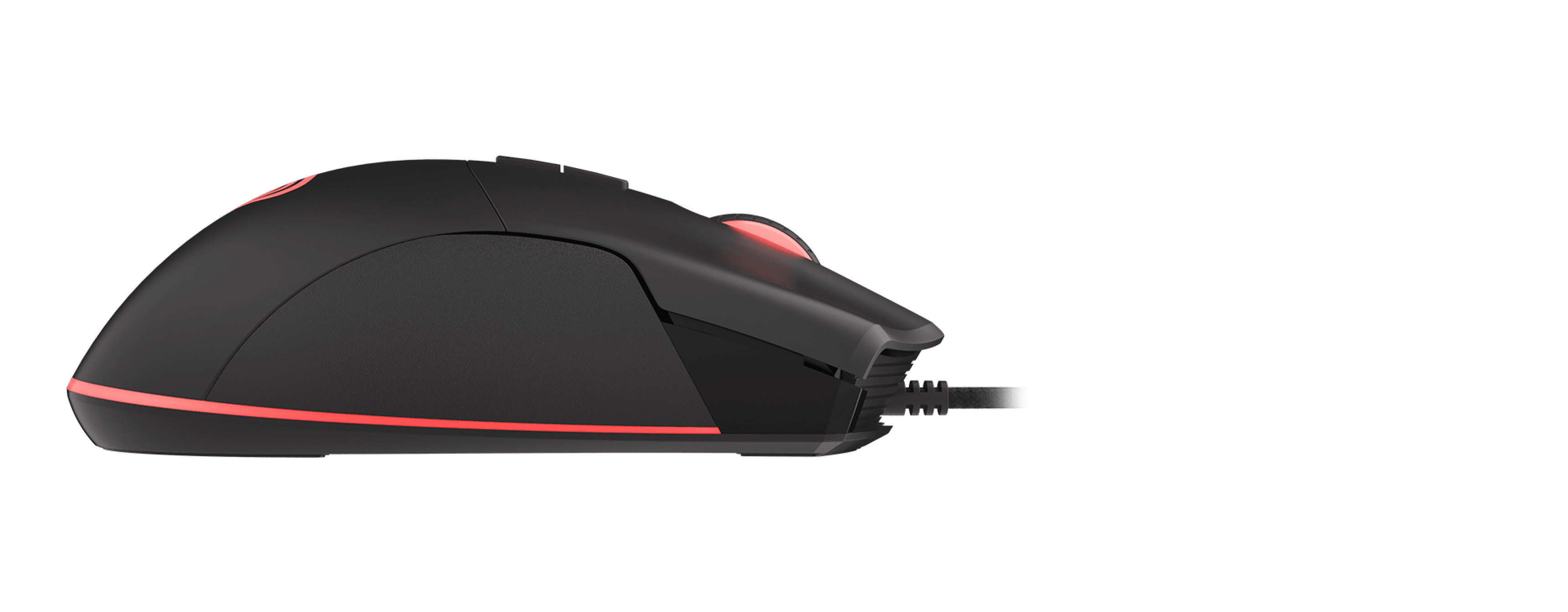 Black gaming mouse with RGB lighting and programmable features, featuring a sleek design and a USB cable