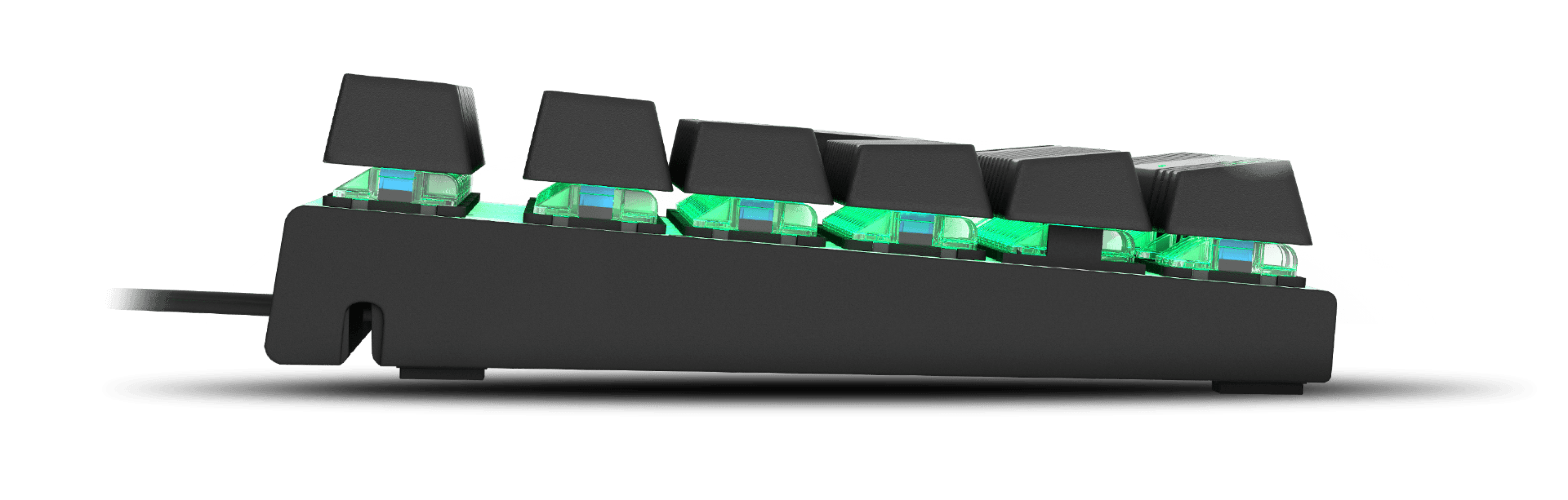 Side view of a keyboard with glowing green switches and a black case.