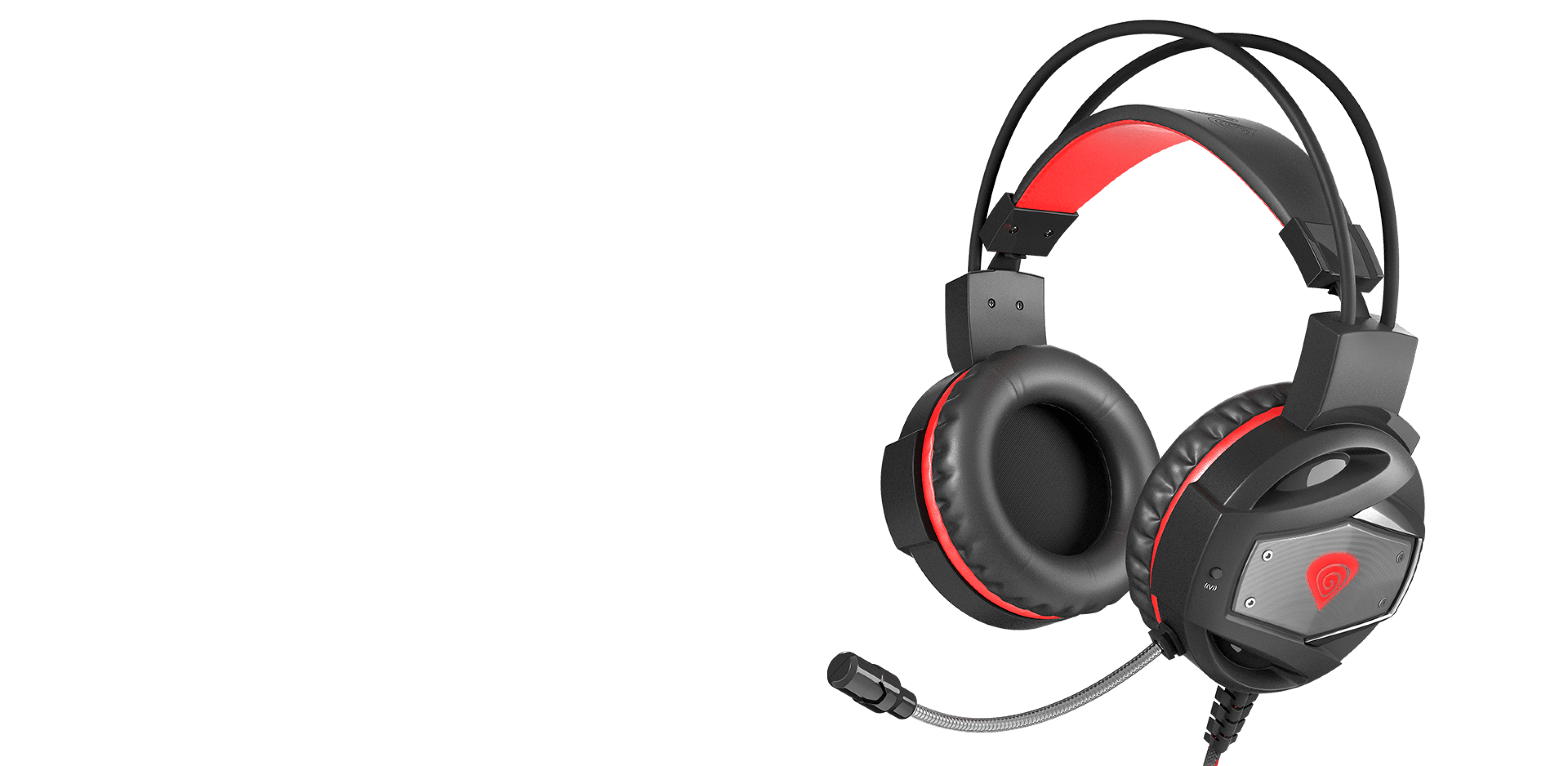 Headset with a black and red design and a flexible microphone attached.