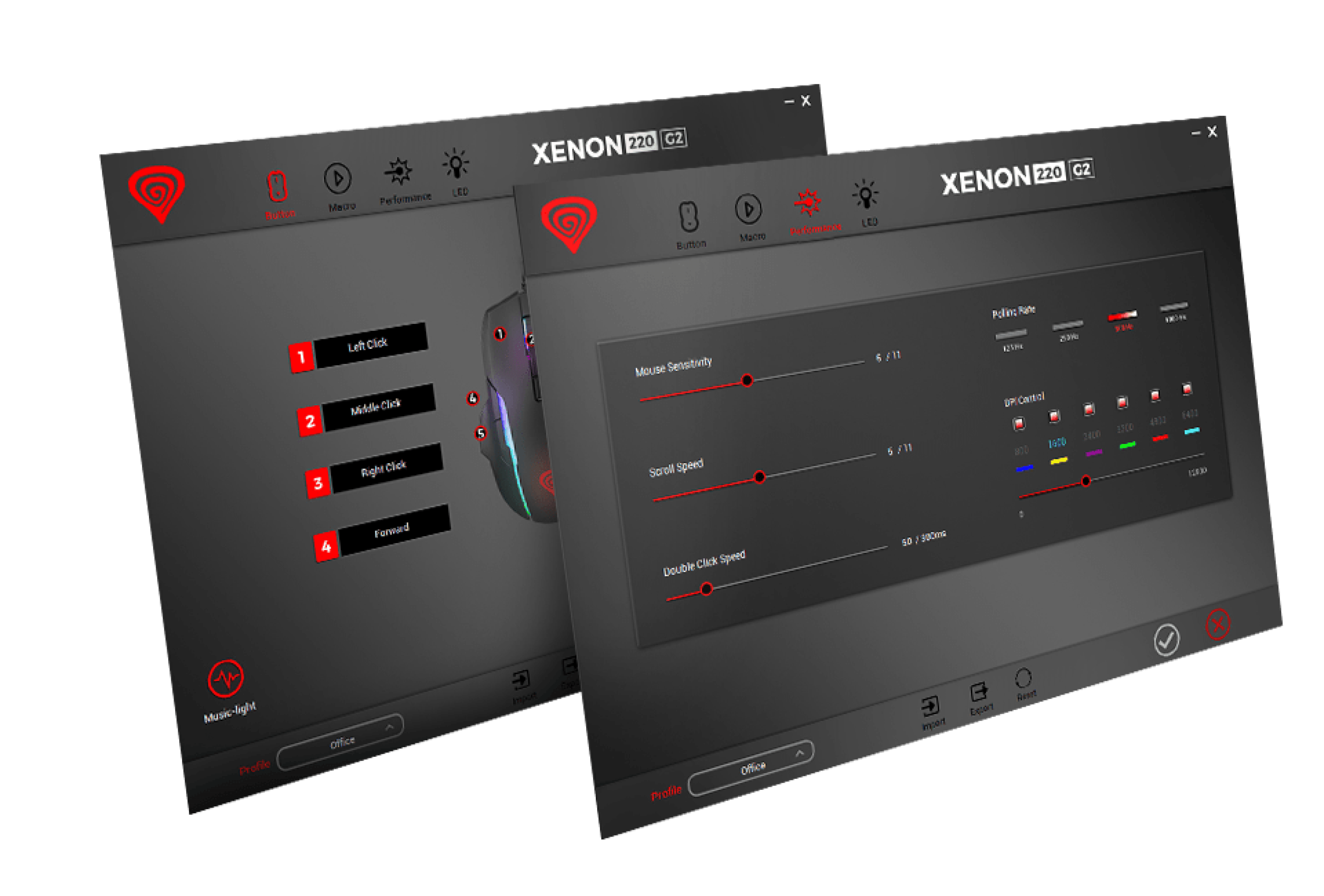Software interface for the Genesis Xenon 220 G2 gaming mouse, featuring settings for DPI, RGB lighting, and mouse sensitivity adjustments