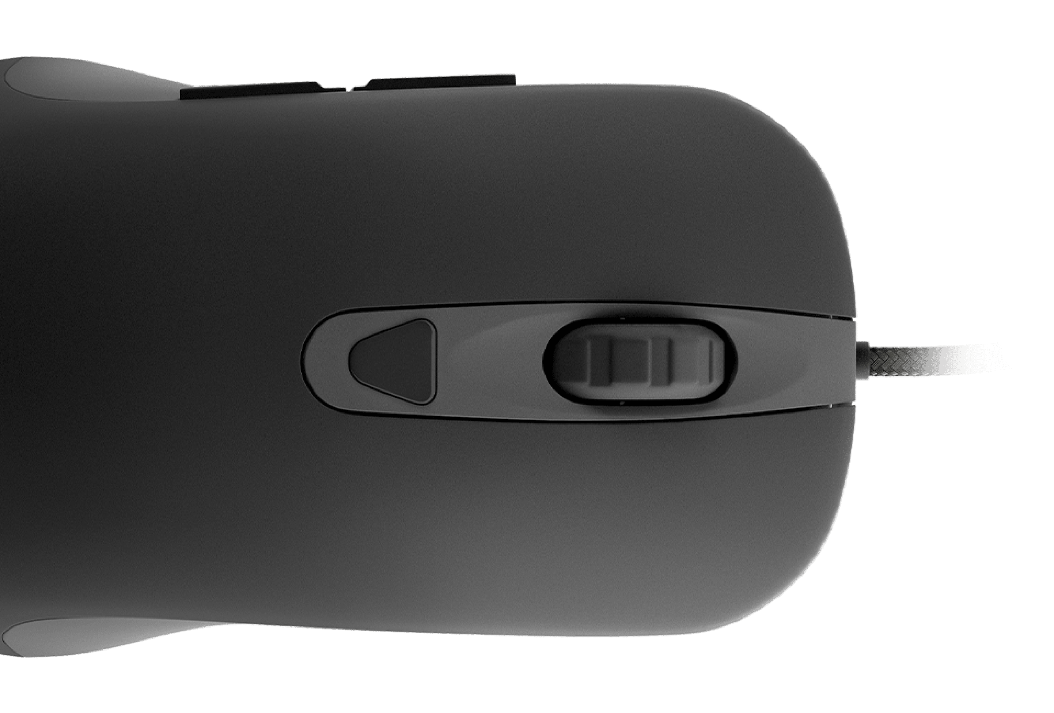 Top view of a black computer mouse with buttons and a scroll wheel.