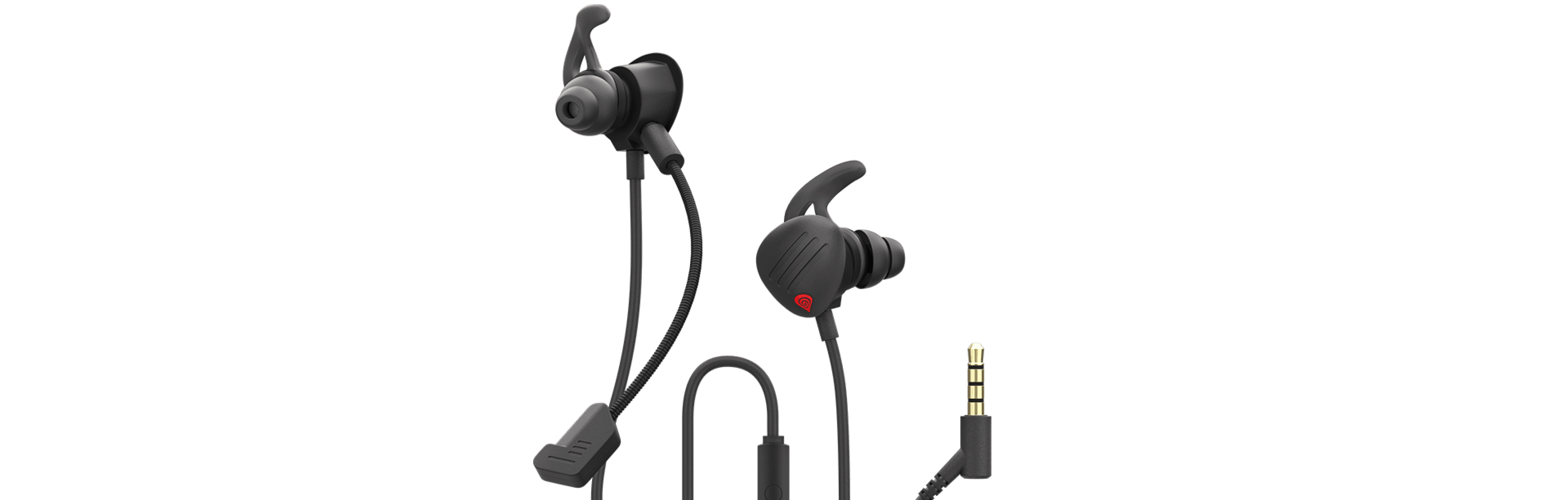 Earphones with an attached cable and an angled audio connector.