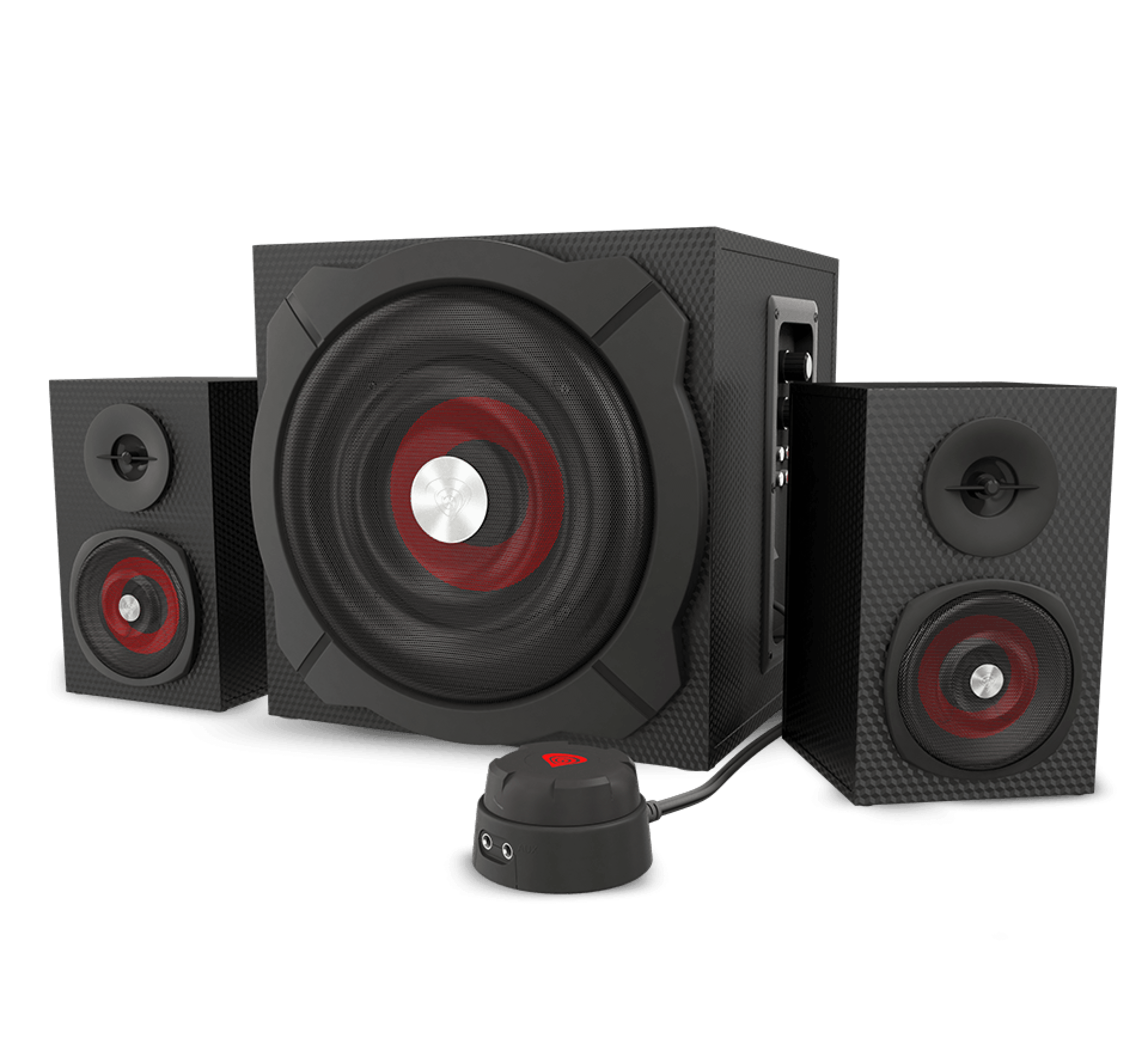 Three speaker set with a large subwoofer and two smaller satellite speakers.