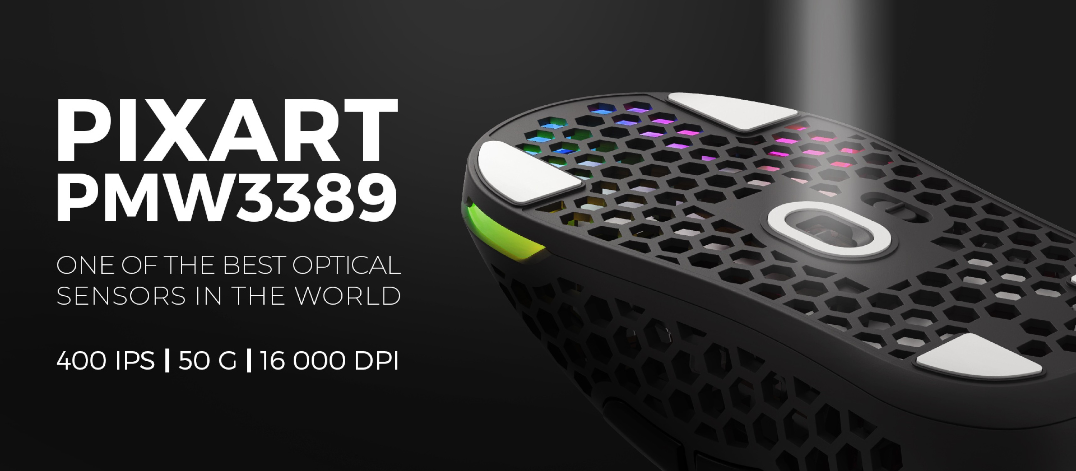 Black gaming mouse with RGB lighting, featuring PixArt PMW3389 sensor, 16,000 DPI, and lightweight design