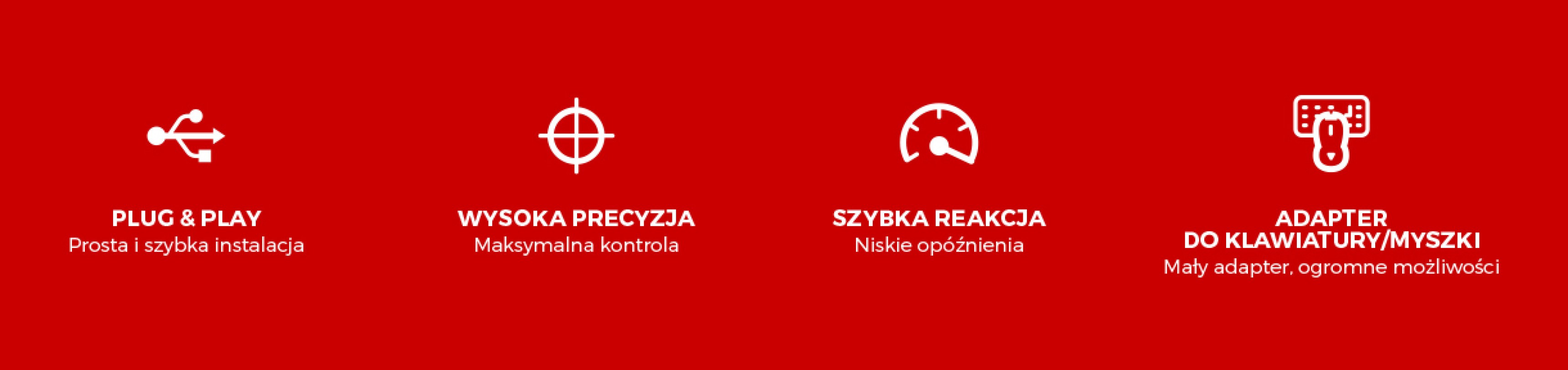 Four white icons on a red background representing different device features.