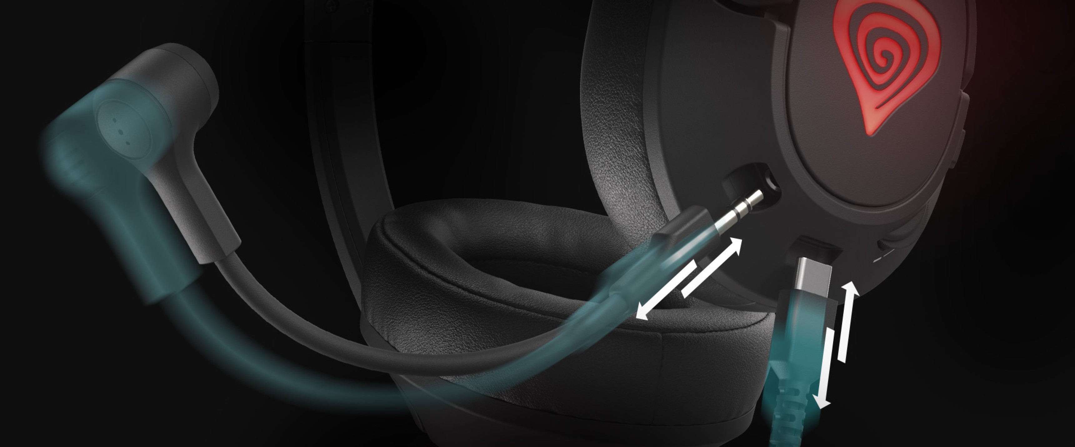 Black Genesis Radon 800 7.1 gaming headphones with a microphone and USB connection, featuring illuminated accents