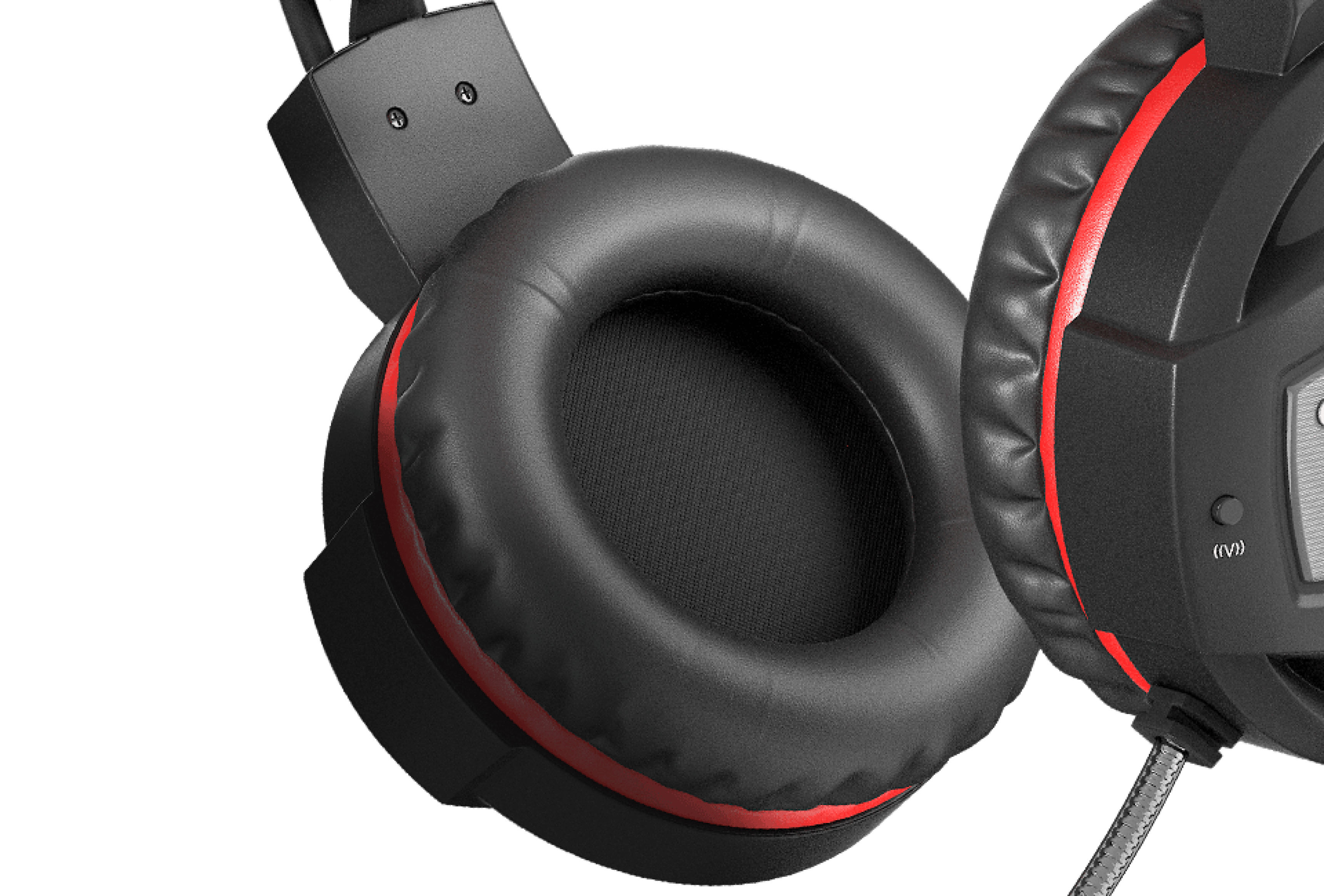 Headphones with padded ear cushions and a black, red, and gray color scheme.