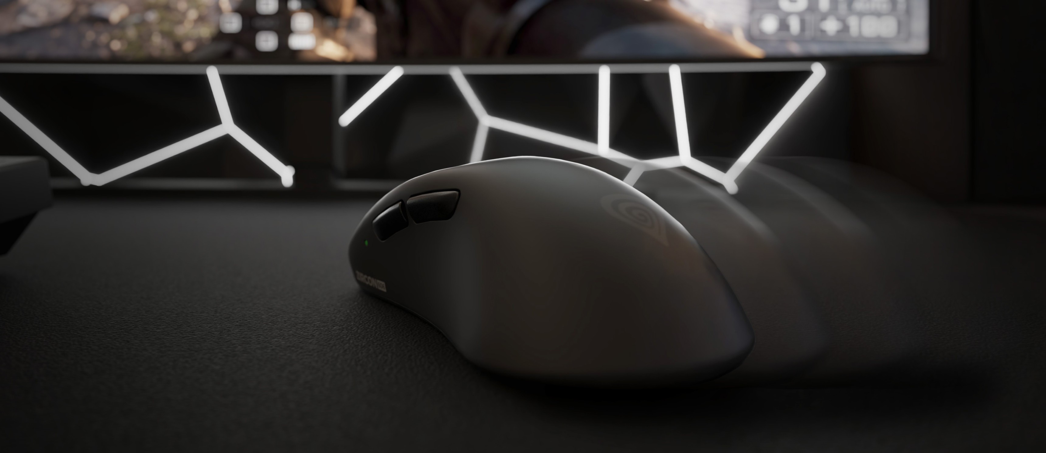 Gaming mouse on a dark surface with a softly glowing decorative background.