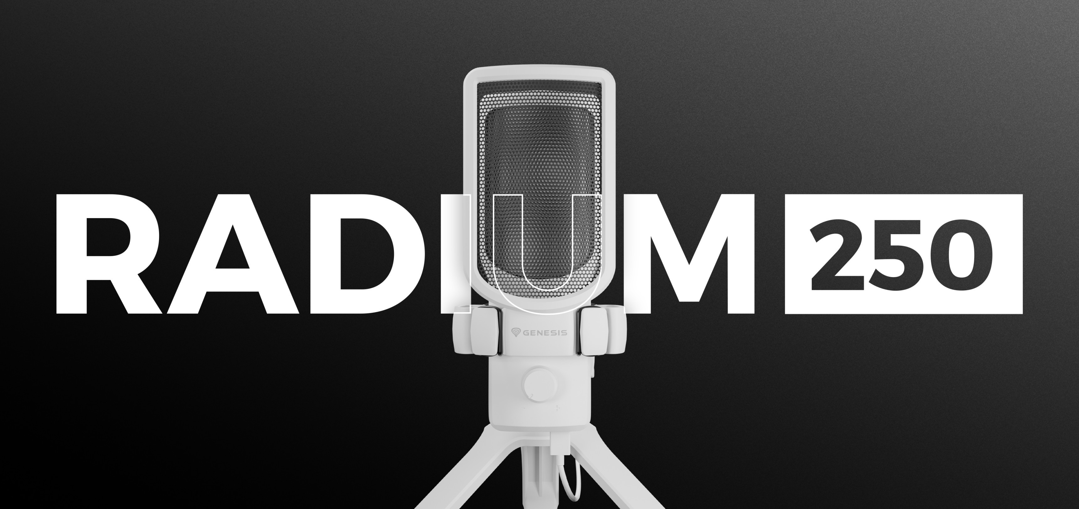 White USB microphone Genesis Radium 250 on a stand, with bold text "RADIUM 250" in the background