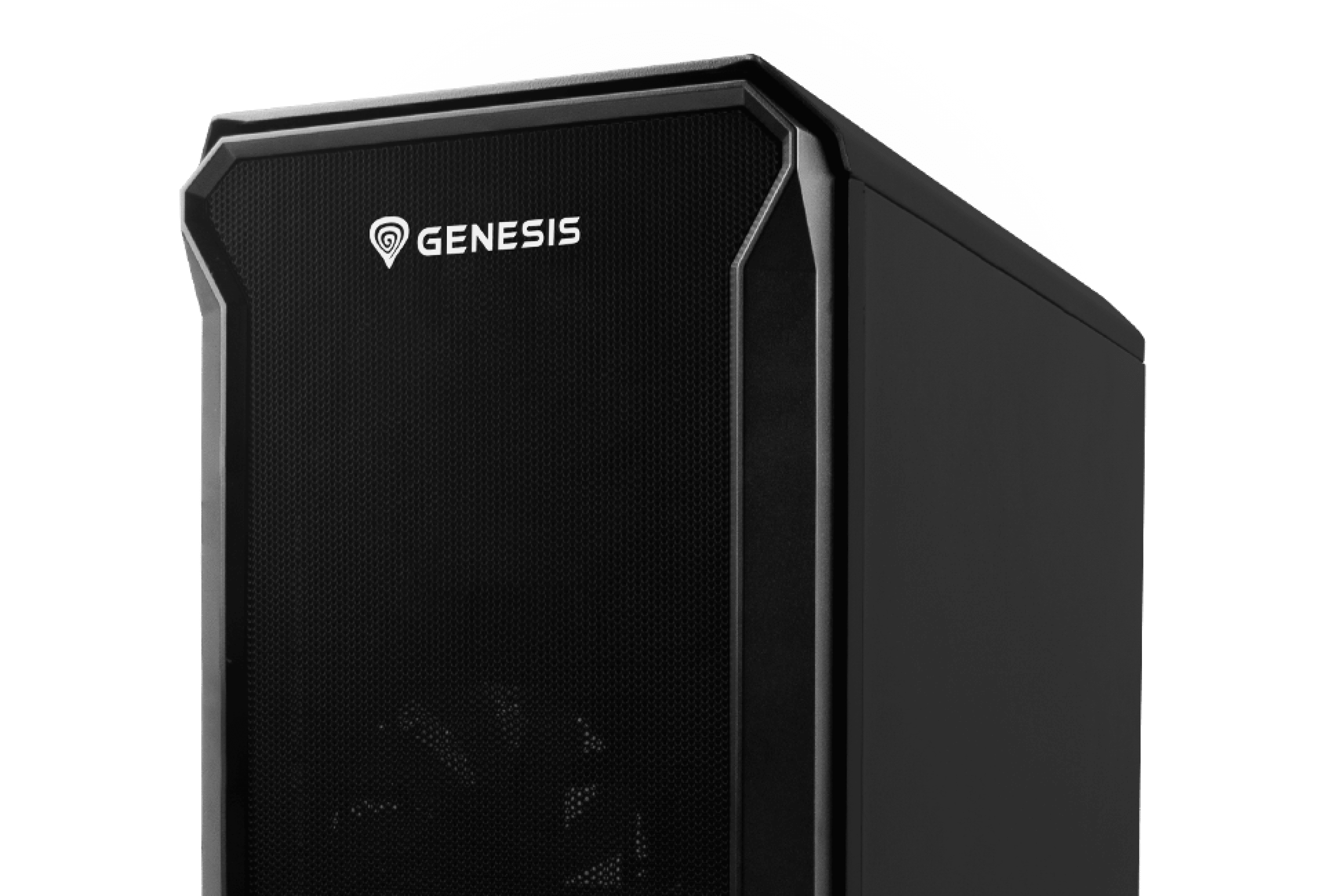 Black MATX mini tower case with a mesh front panel and transparent side window, featuring the Genesis logo
