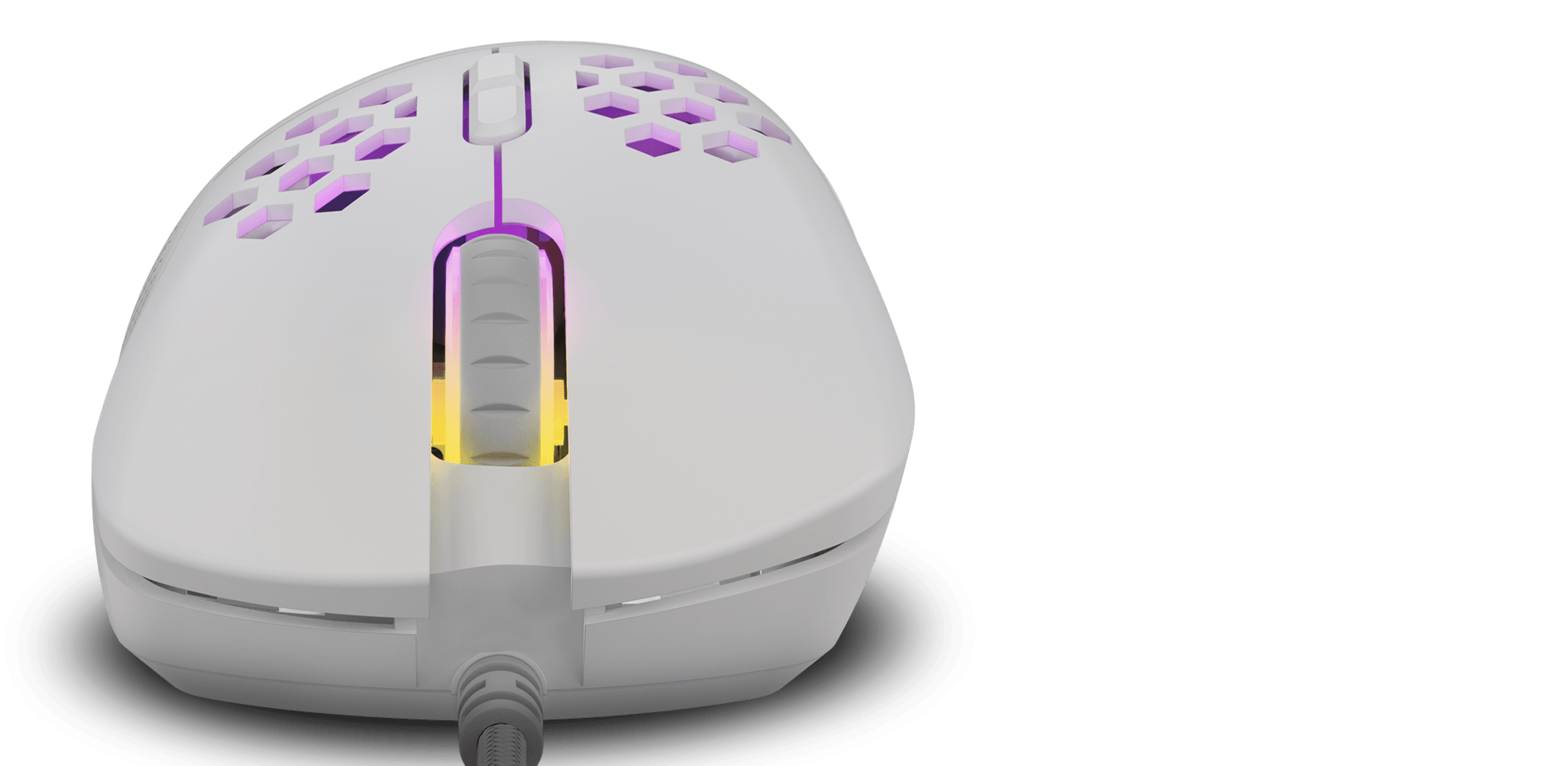 Mouse with a connection cable and multiple glowing lights on its surface.