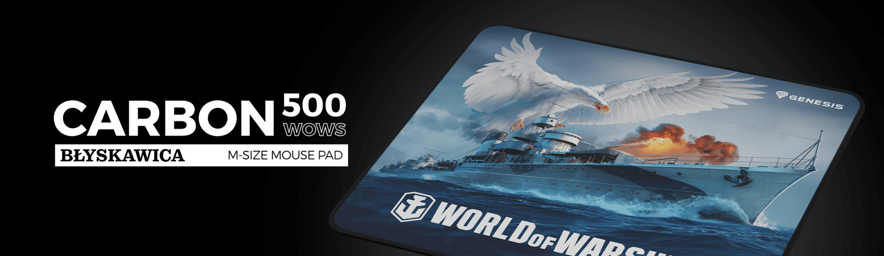 Mouse pad featuring the Genesis Carbon 500 design, showcasing a battleship and an eagle with "World of Warships" branding