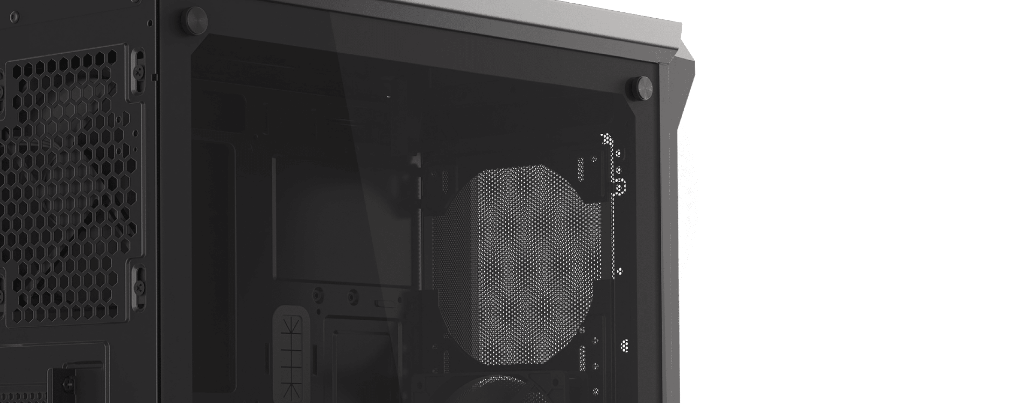 Black Genesis Irid 505 V2 MIDI tower case with a transparent side panel, showcasing internal components