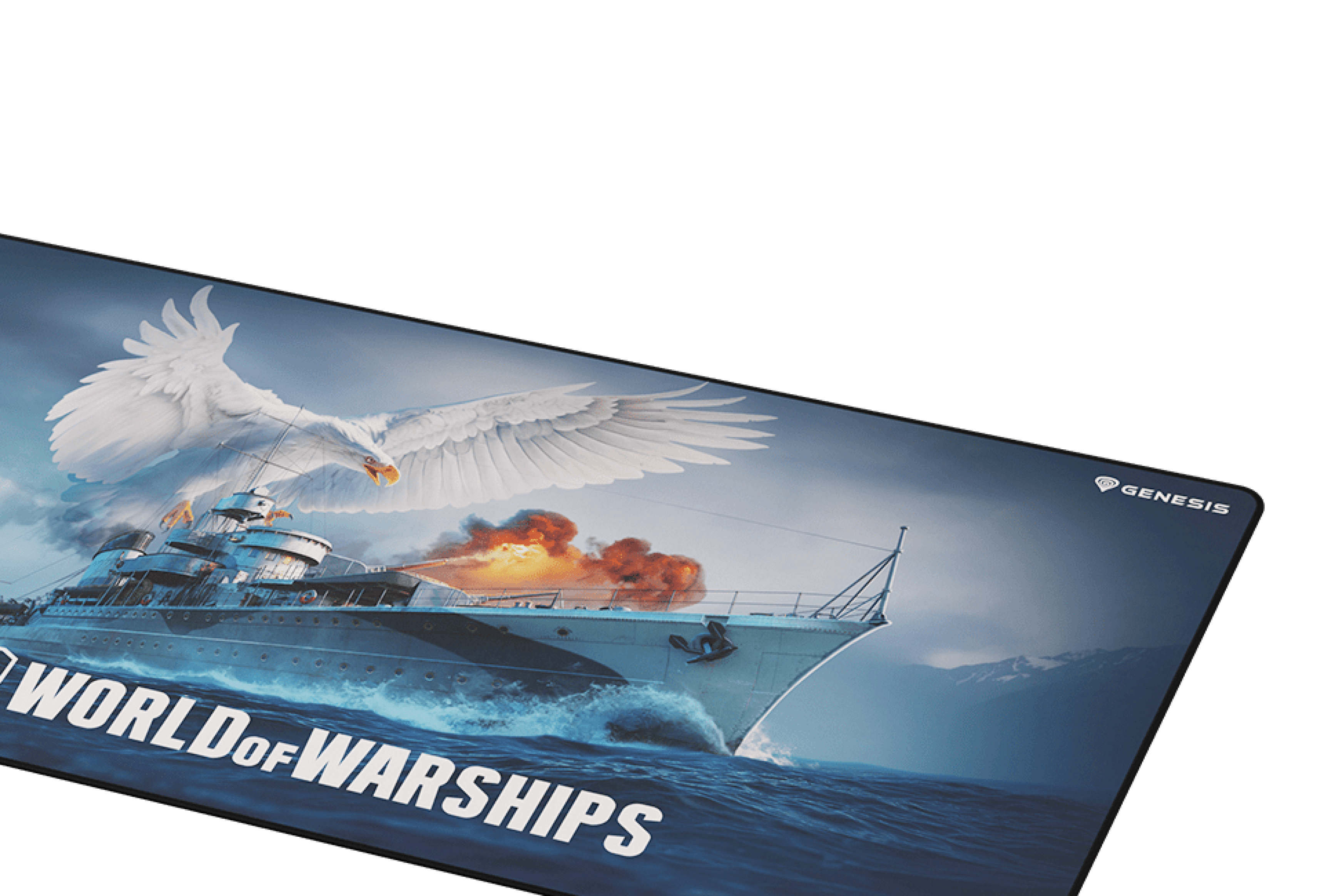 Large gaming mouse pad featuring a dramatic design from "World of Warships," showcasing a ship and an eagle