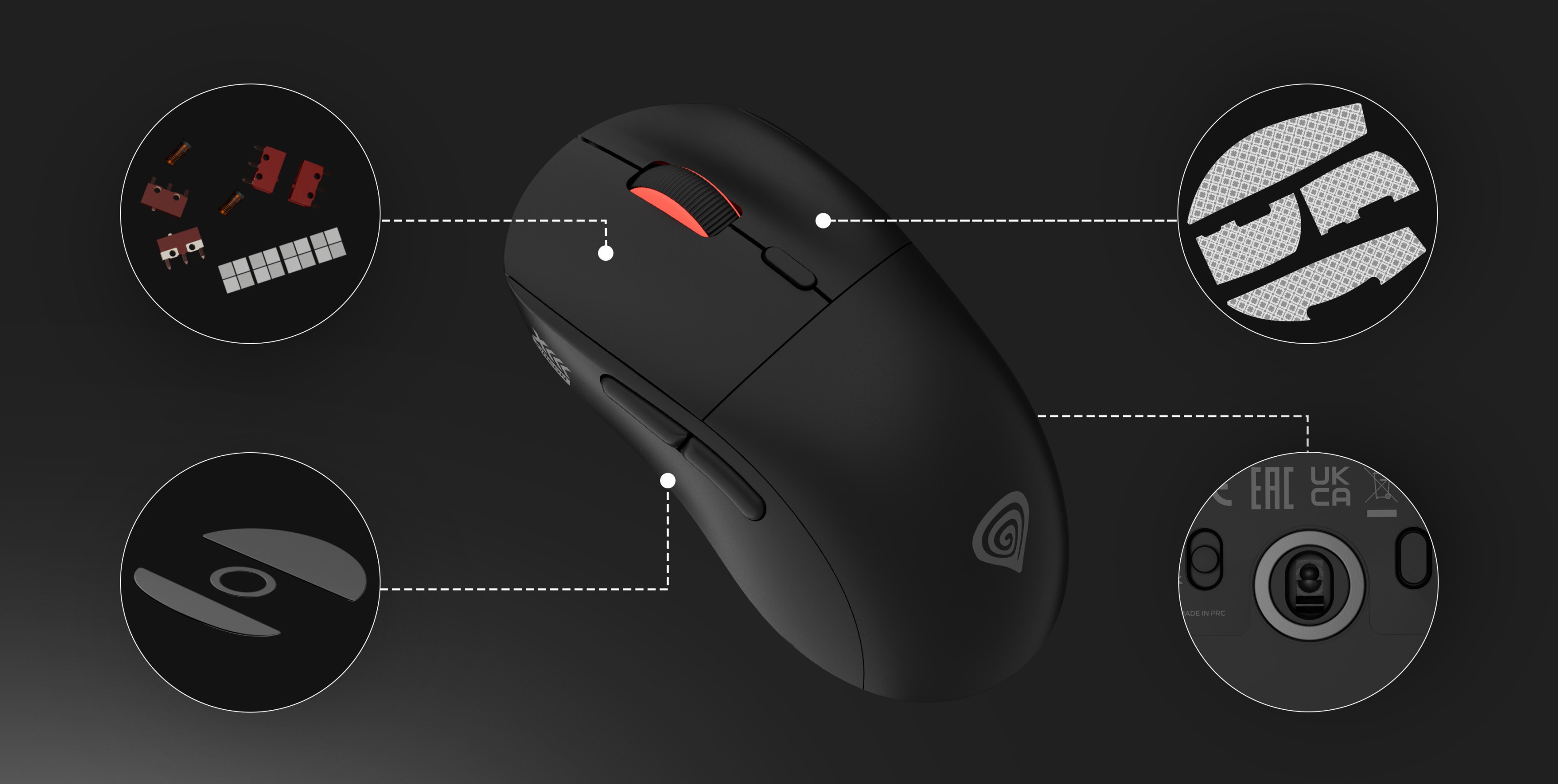 Wireless gaming mouse Genesis Zircon XIII in black, highlighting features like customizable buttons and high DPI sensitivity