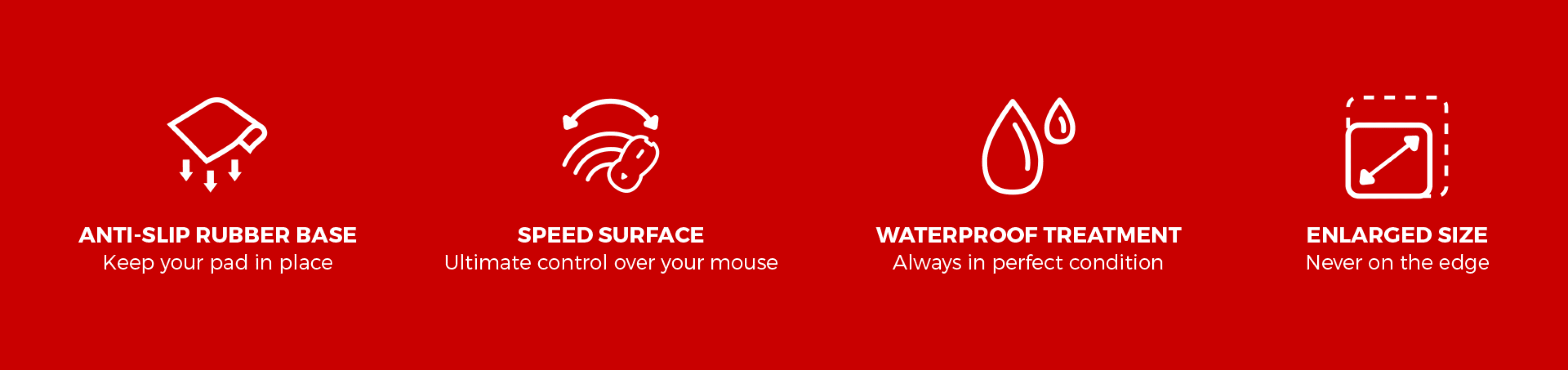 Large gaming mouse pad with anti-slip rubber base, speed surface, waterproof treatment, and enlarged size features