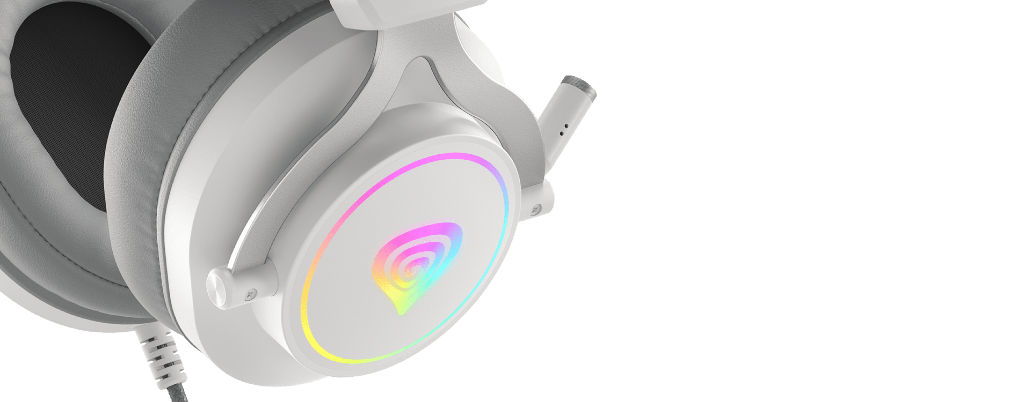 White headphones with a glowing circular design on the ear cup and a microphone attachment.