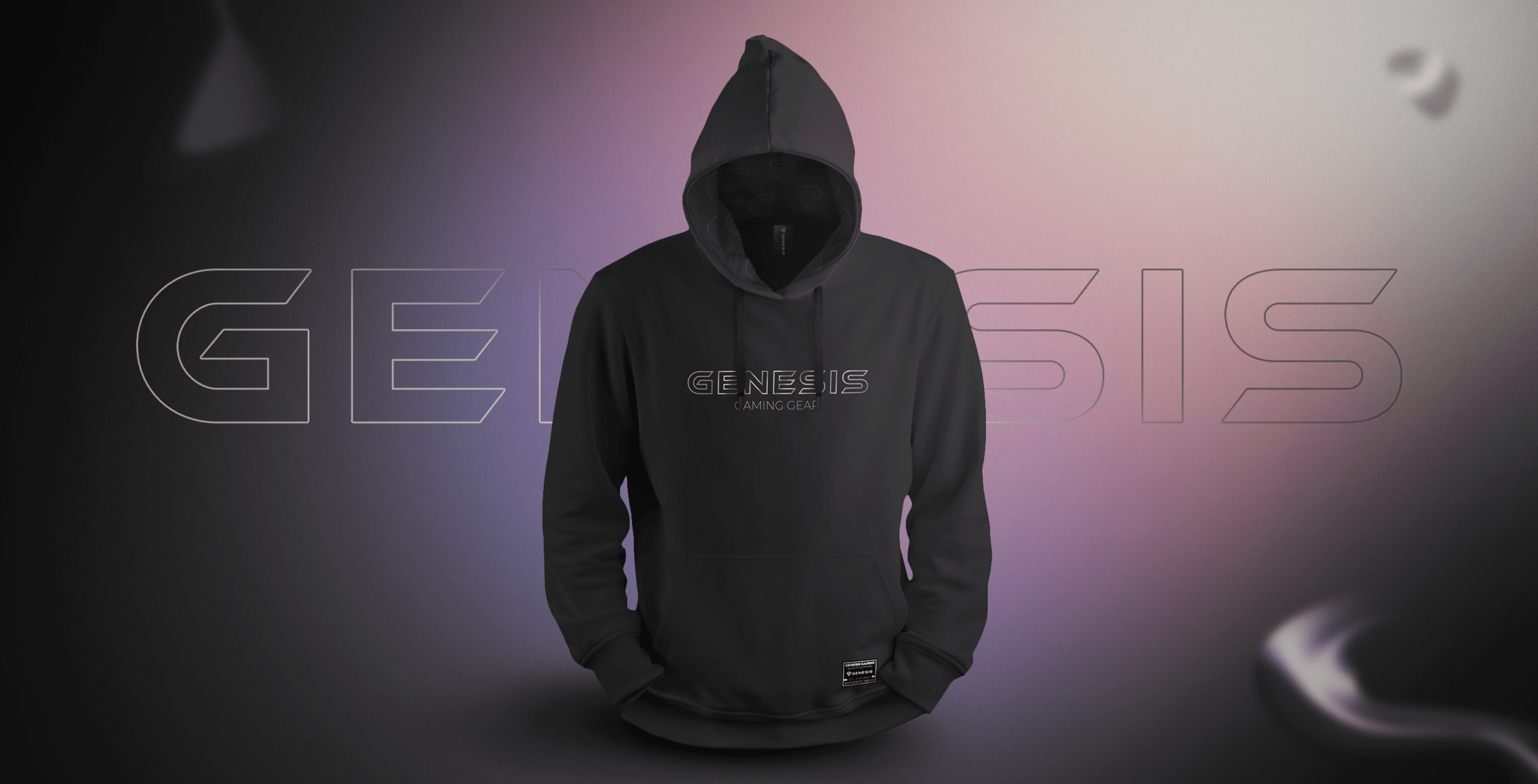Dark hoodie with a drawstring hood and "GENESIS" printed on the front, set against a gradient background