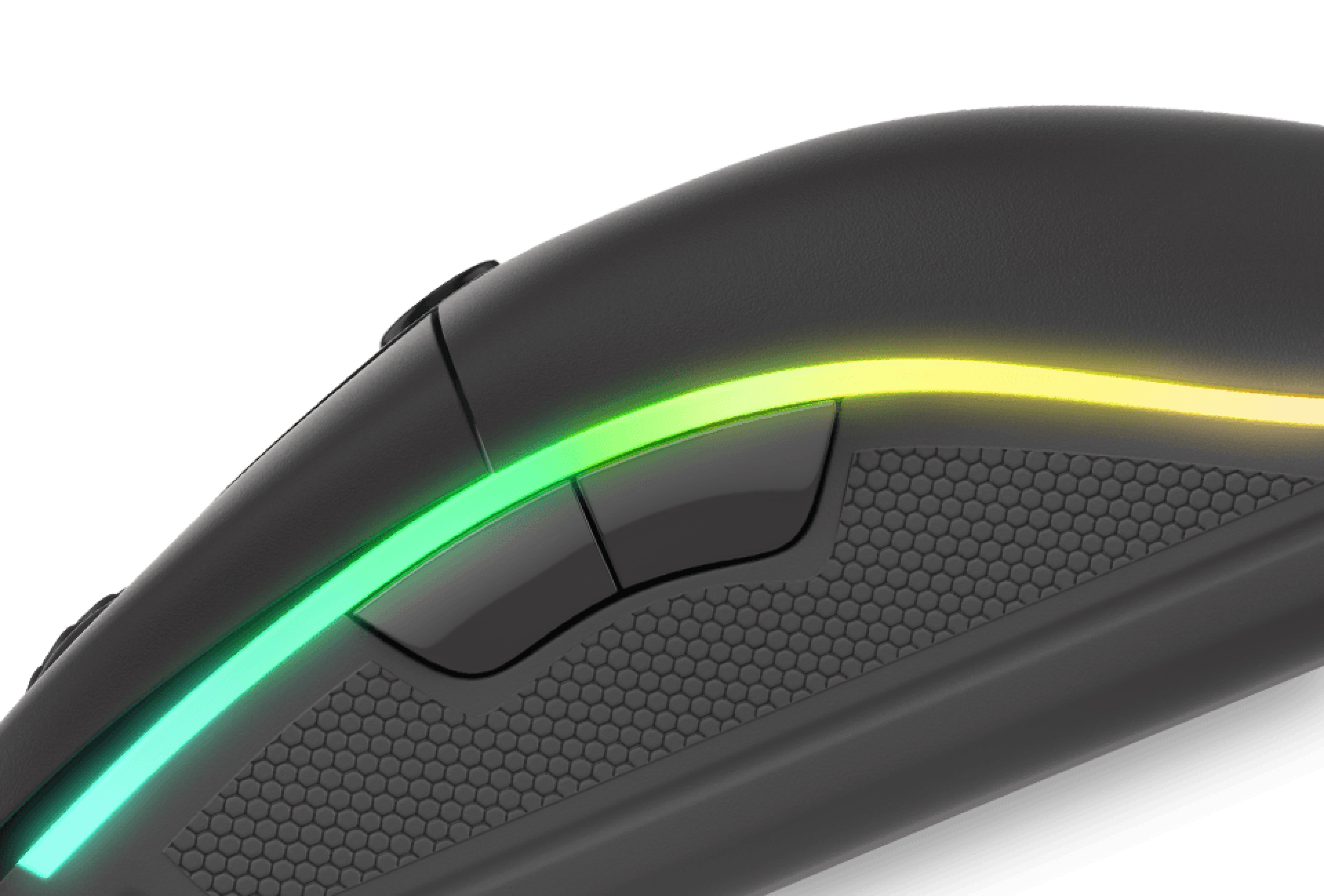 Gaming mouse with RGB lighting on the side, textured grip, and programmable buttons. Designed for high precision up to 8000 DPI