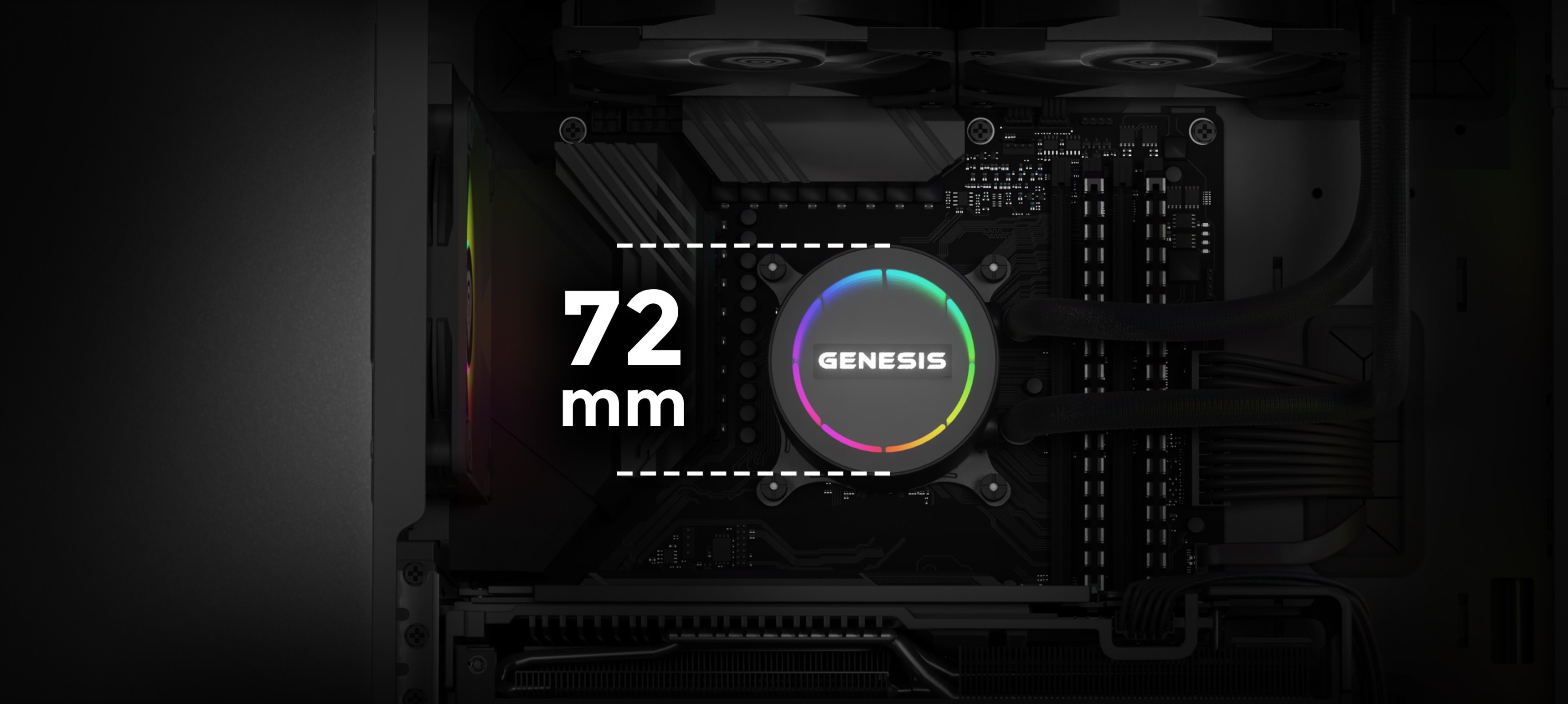 Close-up of the Genesis Hydria 240 black liquid cooler showcasing the 72 mm logo and components inside a PC case
