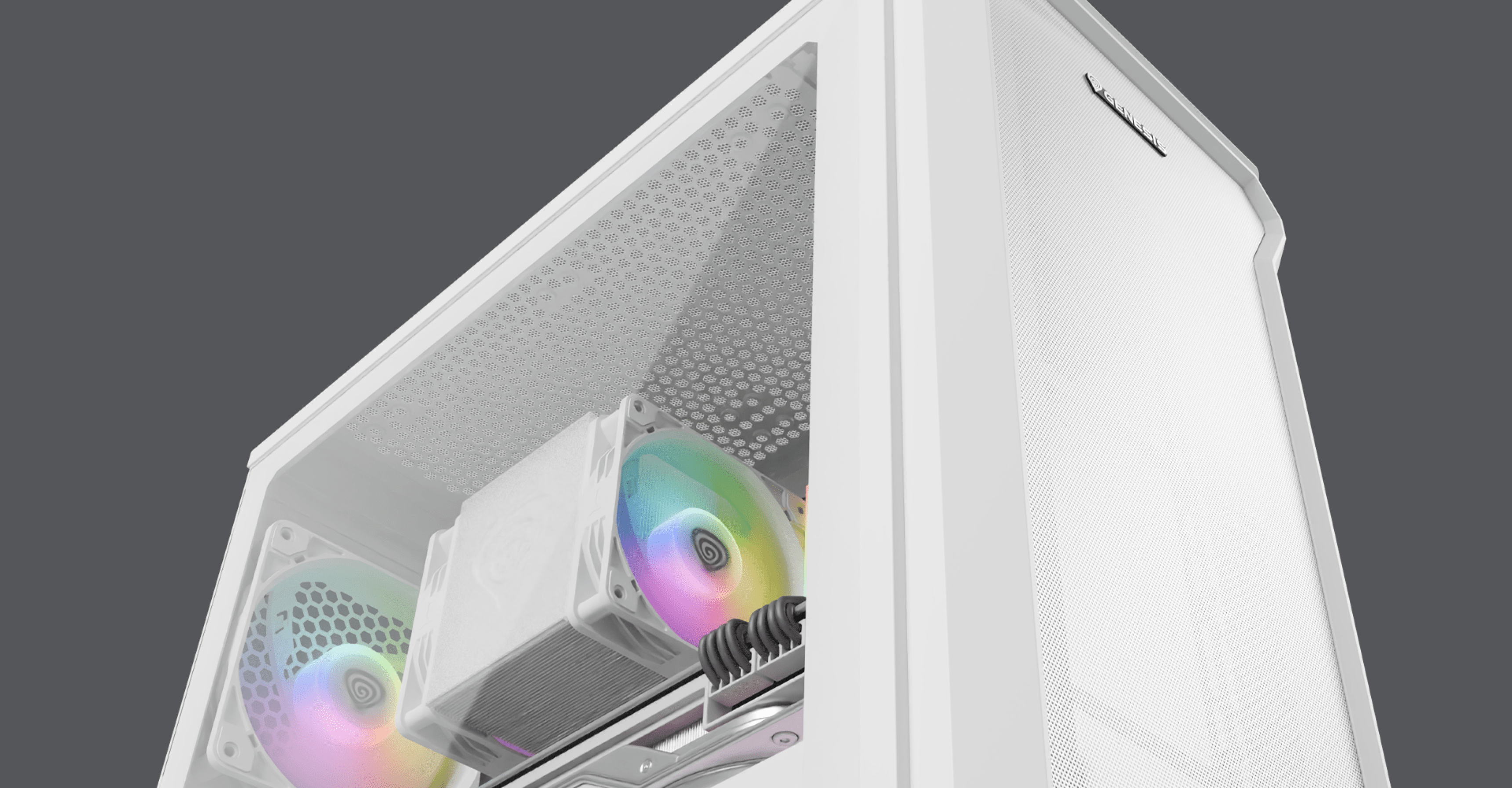 White Genesis Irid 503 ARGB Lite MATX mini tower case with a transparent side panel and colorful RGB fans visible inside