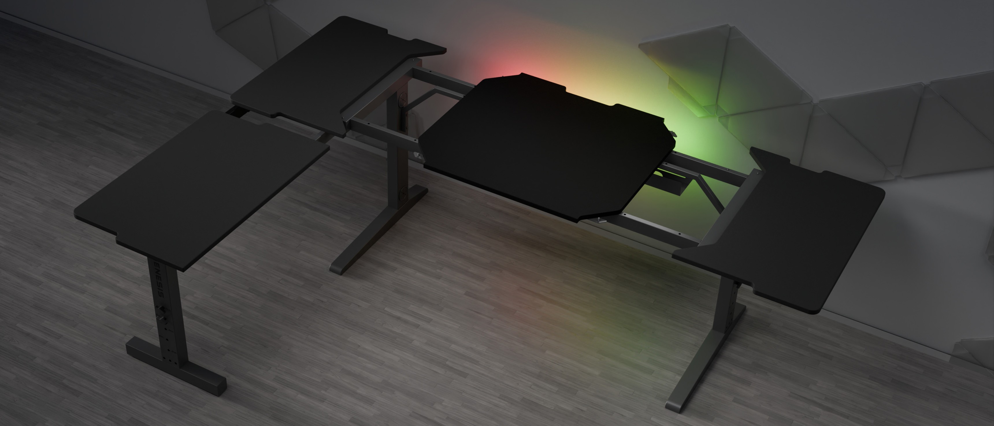 Modular corner gaming desk with a sleek black finish and customizable LED lighting, designed for gaming setups