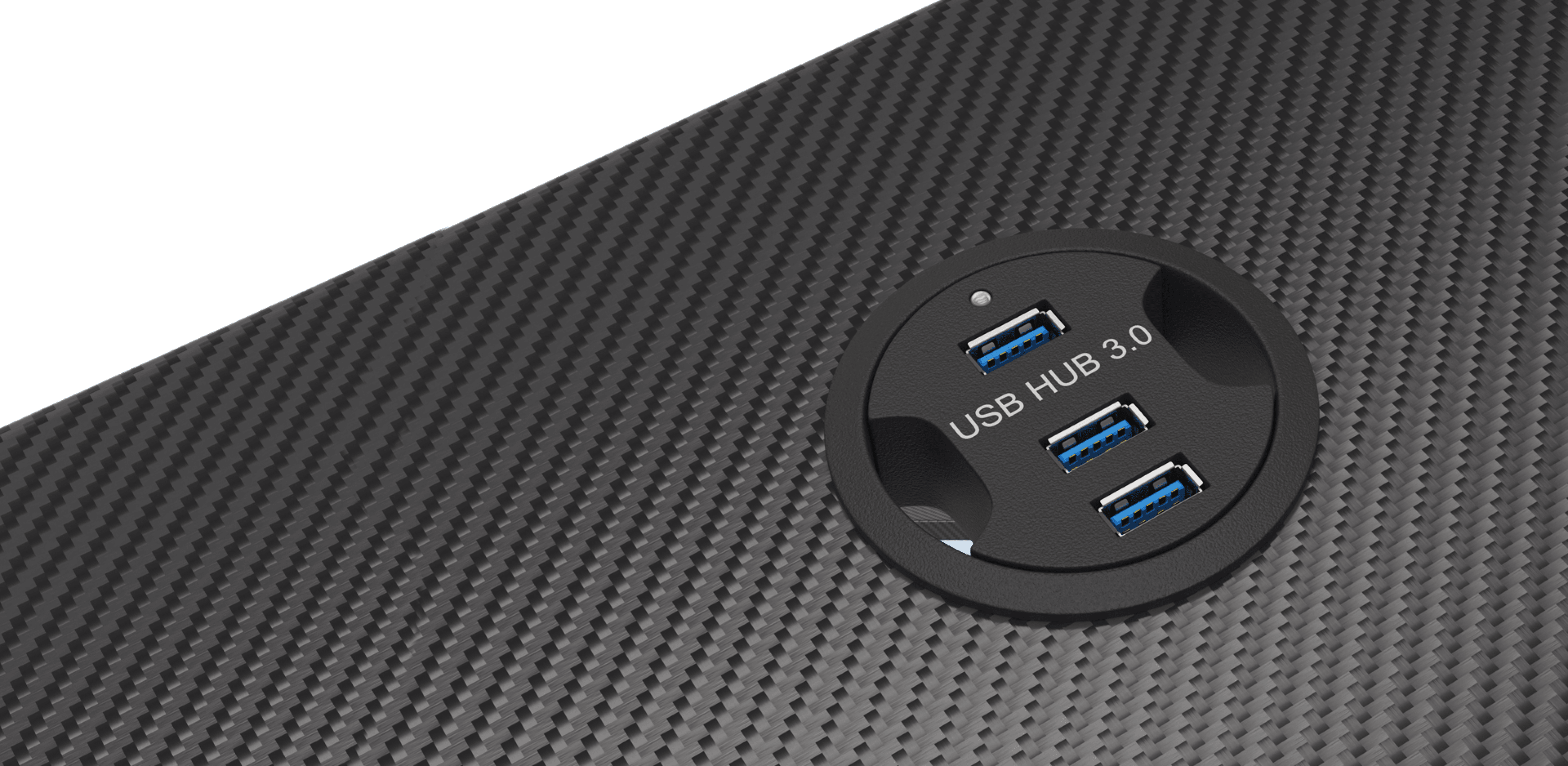 Close-up of the Genesis Holm 200 RGB gaming desk surface featuring a USB 3.0 hub with four ports
