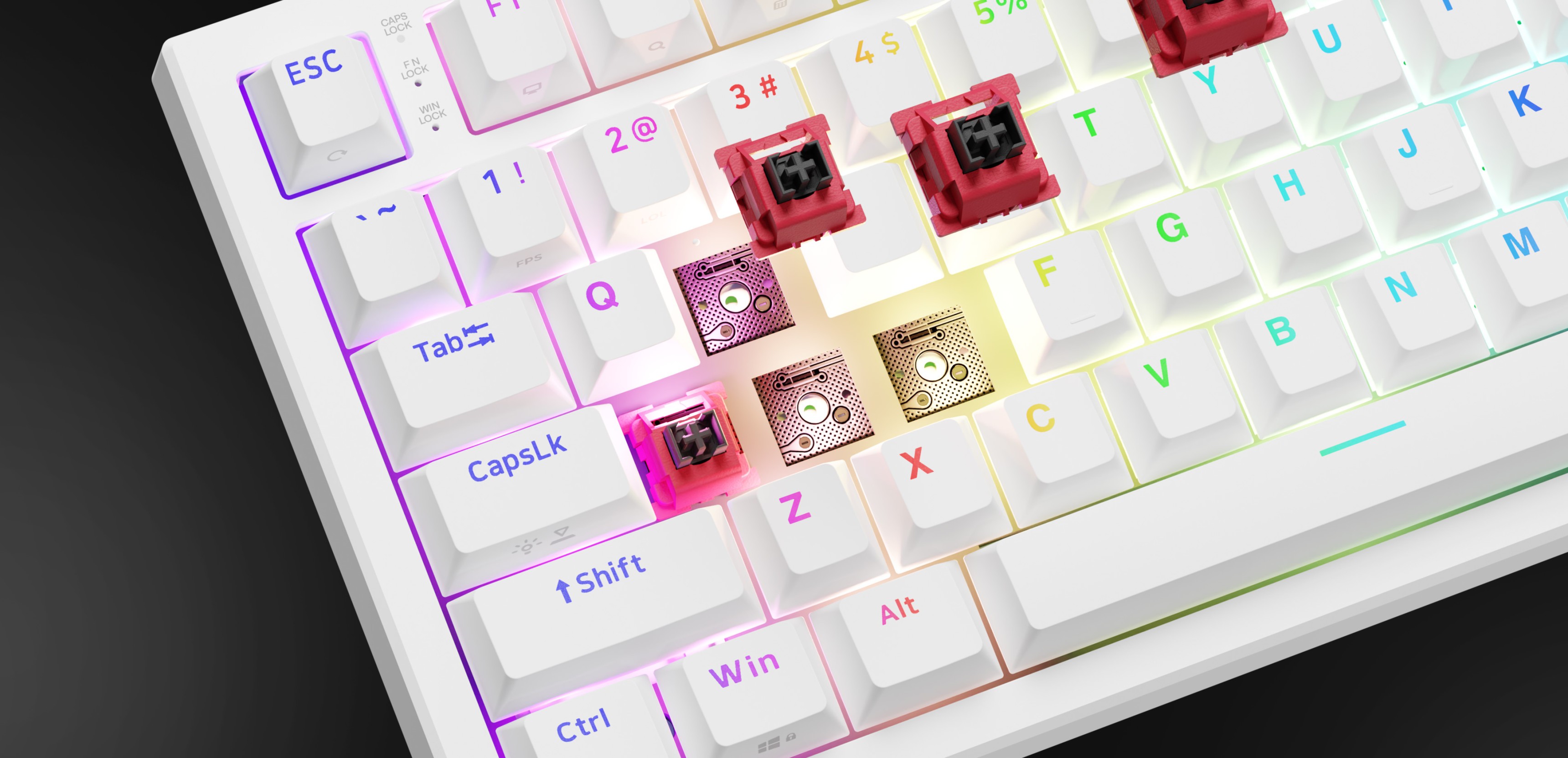 White keyboard with several removed keycaps and colorful lighting underneath.