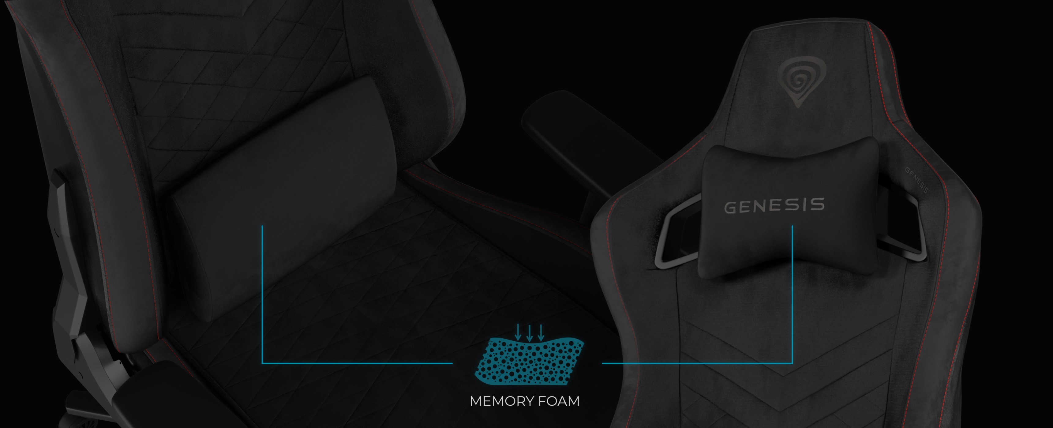 Gaming chair highlighting parts made with memory foam for comfort and support.