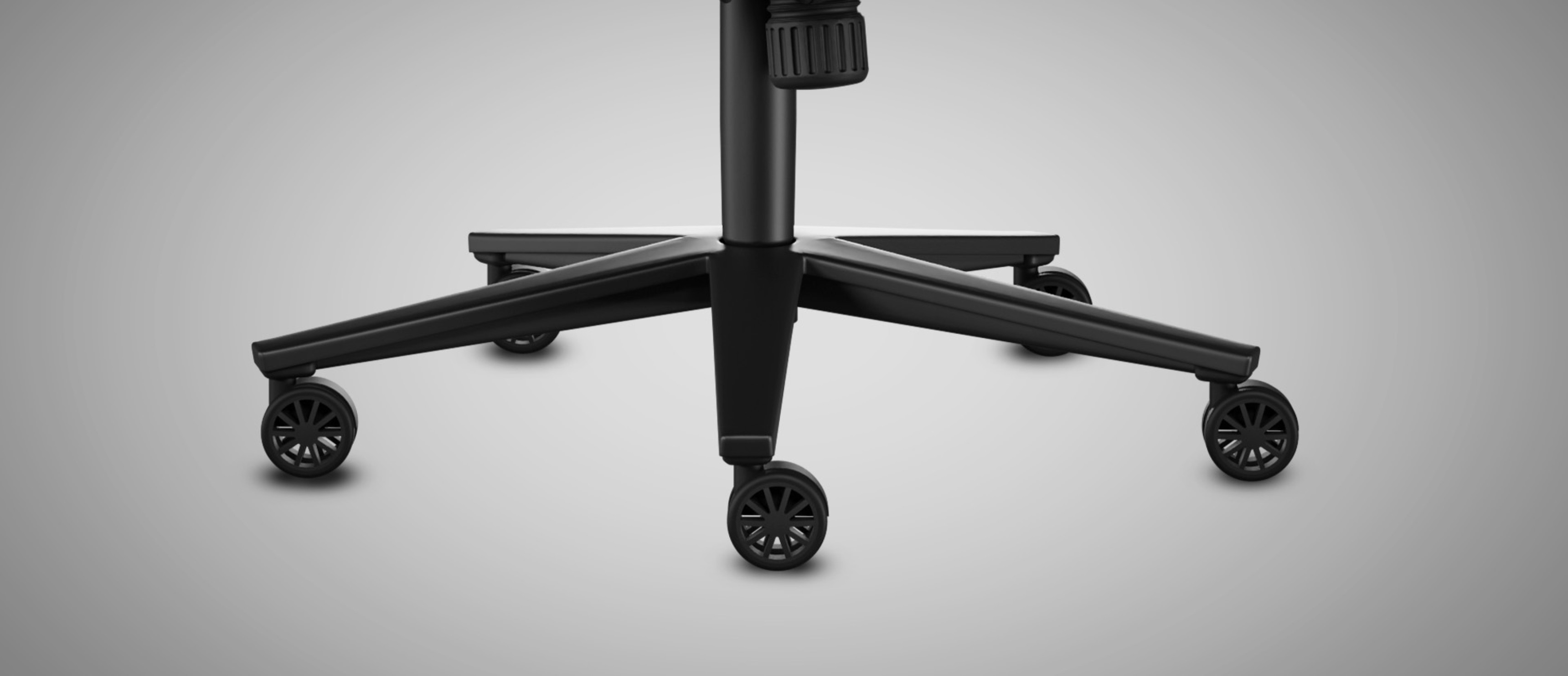 Gaming chair base with five black wheels for mobility and adjustable height. Sleek and modern design suitable for gaming setups