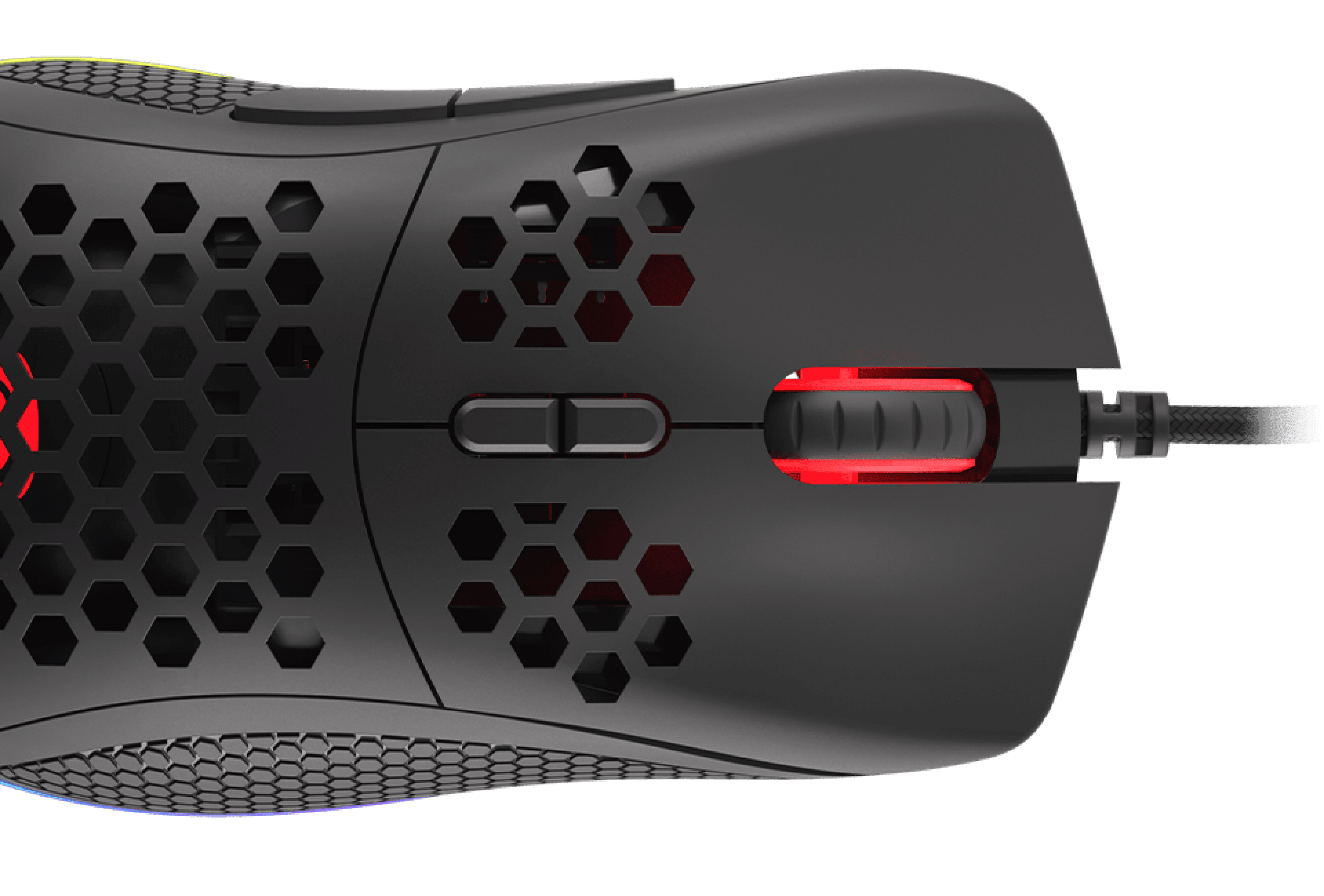 Black Genesis Krypton 550 gaming mouse with RGB lighting, 8000 DPI, and honeycomb design. Features buttons and scroll wheel