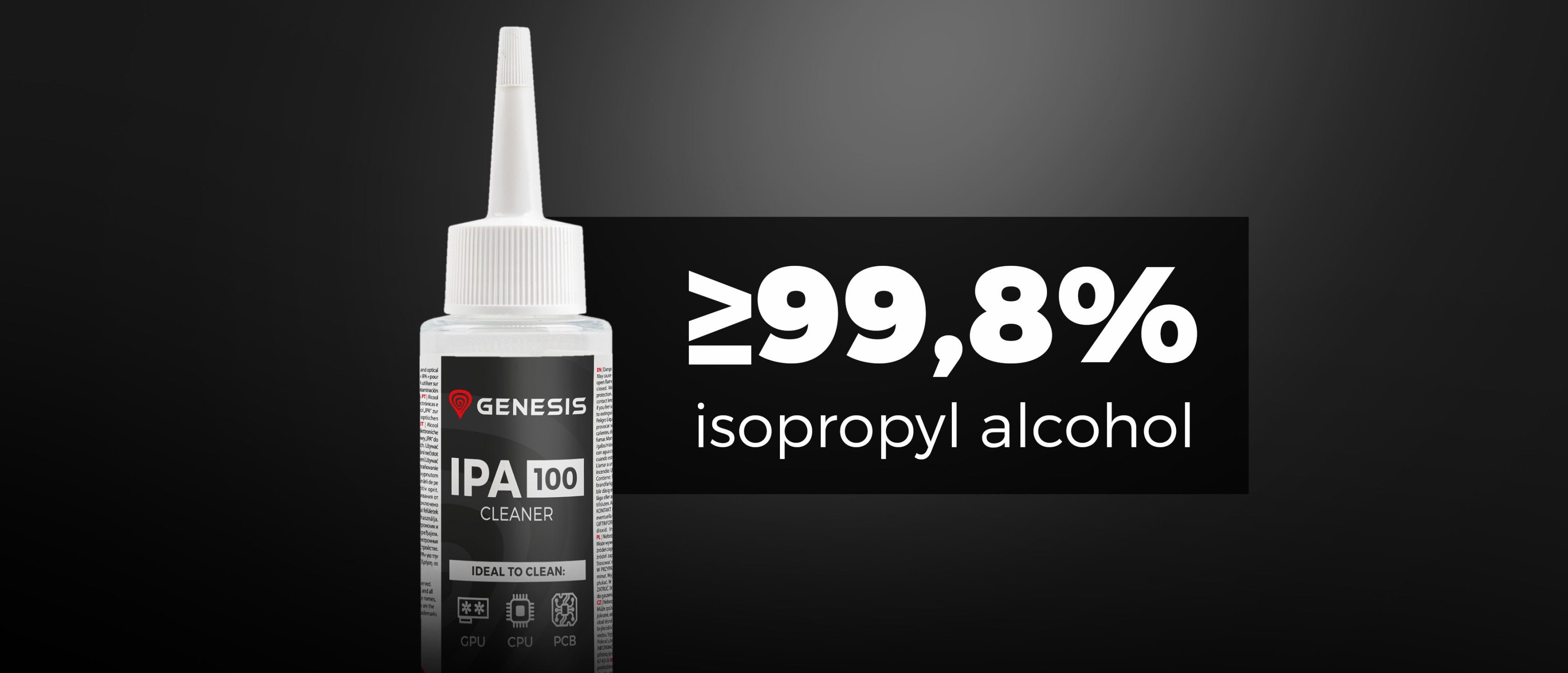 100ml bottle of Genesis IPA 100 cleaner with ≥99.8% isopropyl alcohol, featuring a precision tip for easy application