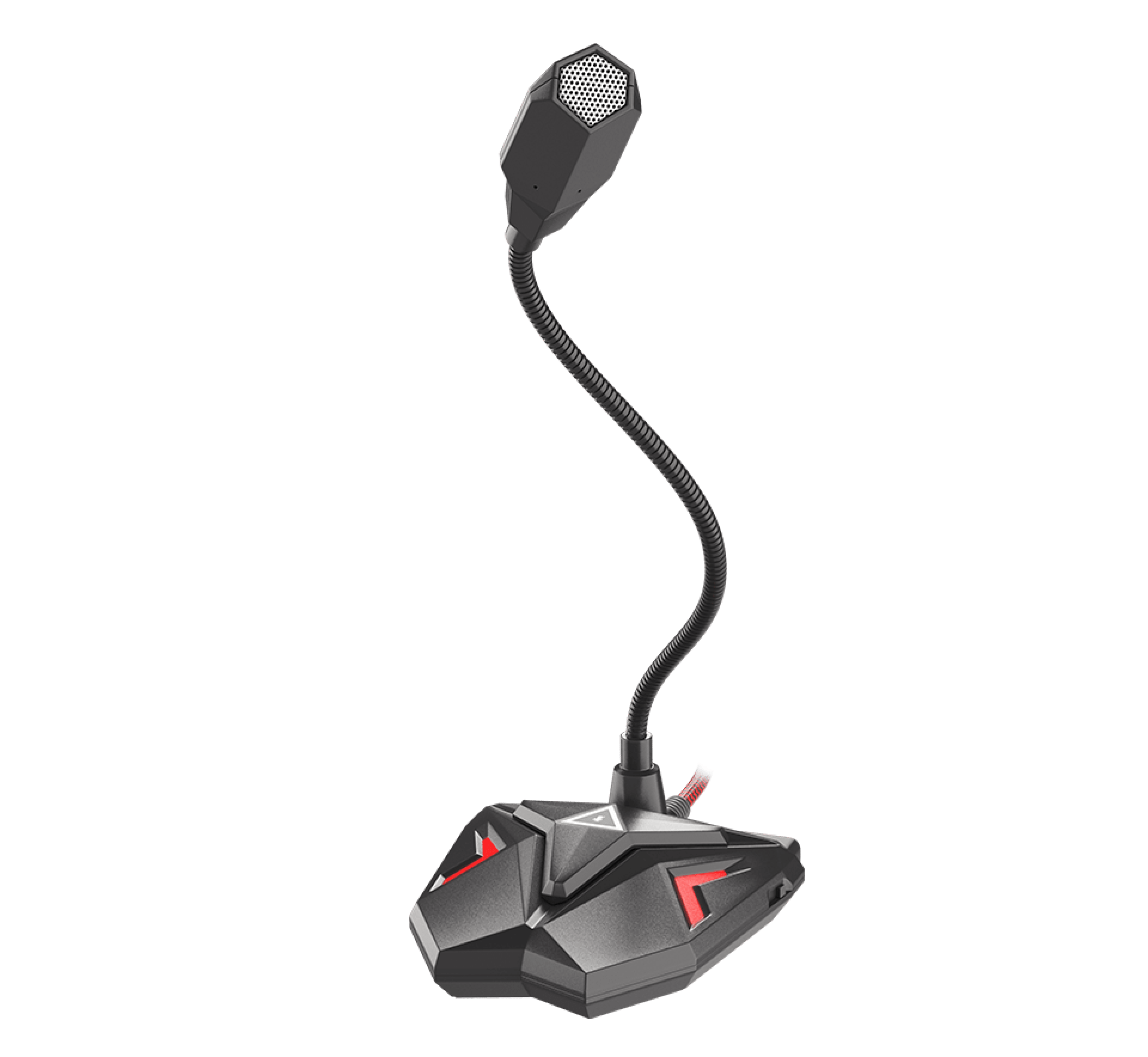 Black microphone with a flexible arm and red accents, designed for gaming and streaming use