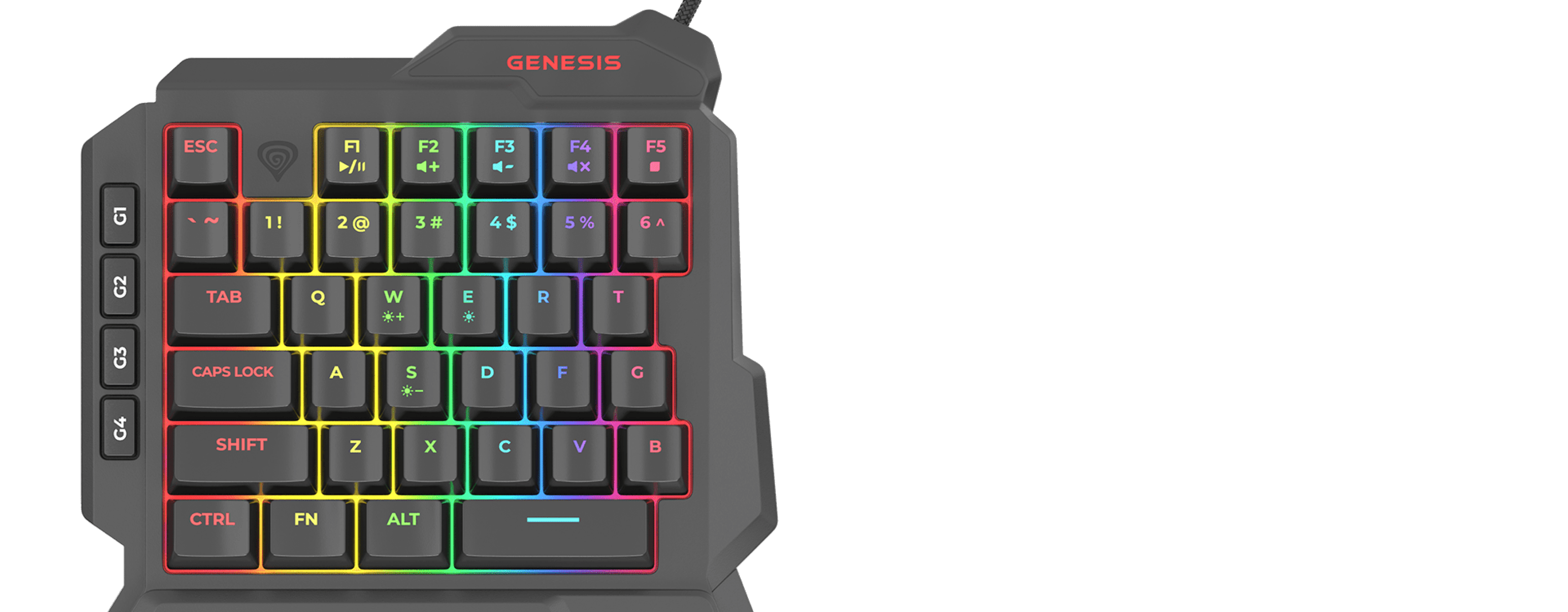 Compact gaming keyboard with colorful backlit keys and an ergonomic design.