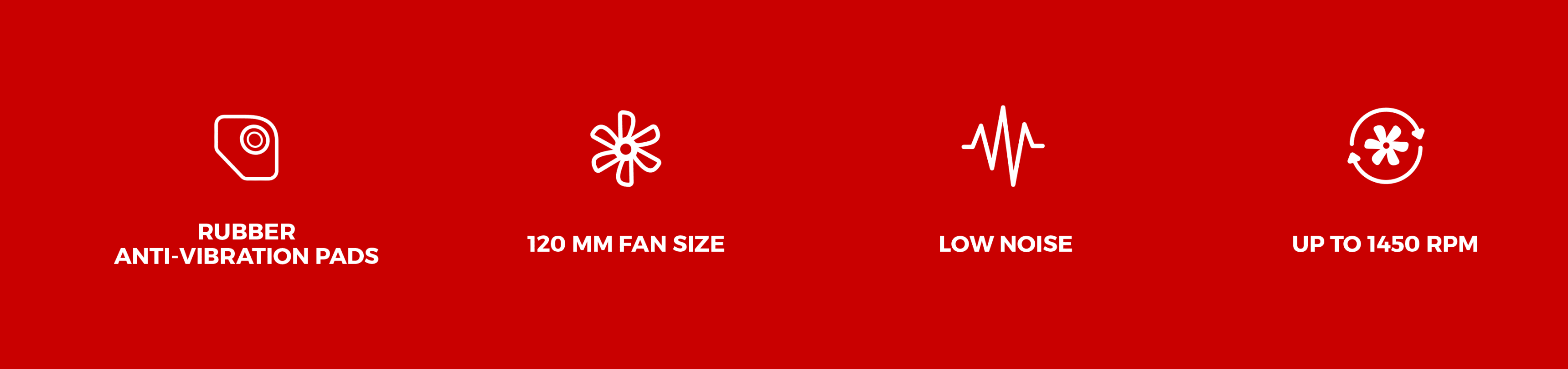 Black ARGB fan with 120 mm size, features rubber anti-vibration pads, low noise operation, and speed up to 1450 RPM