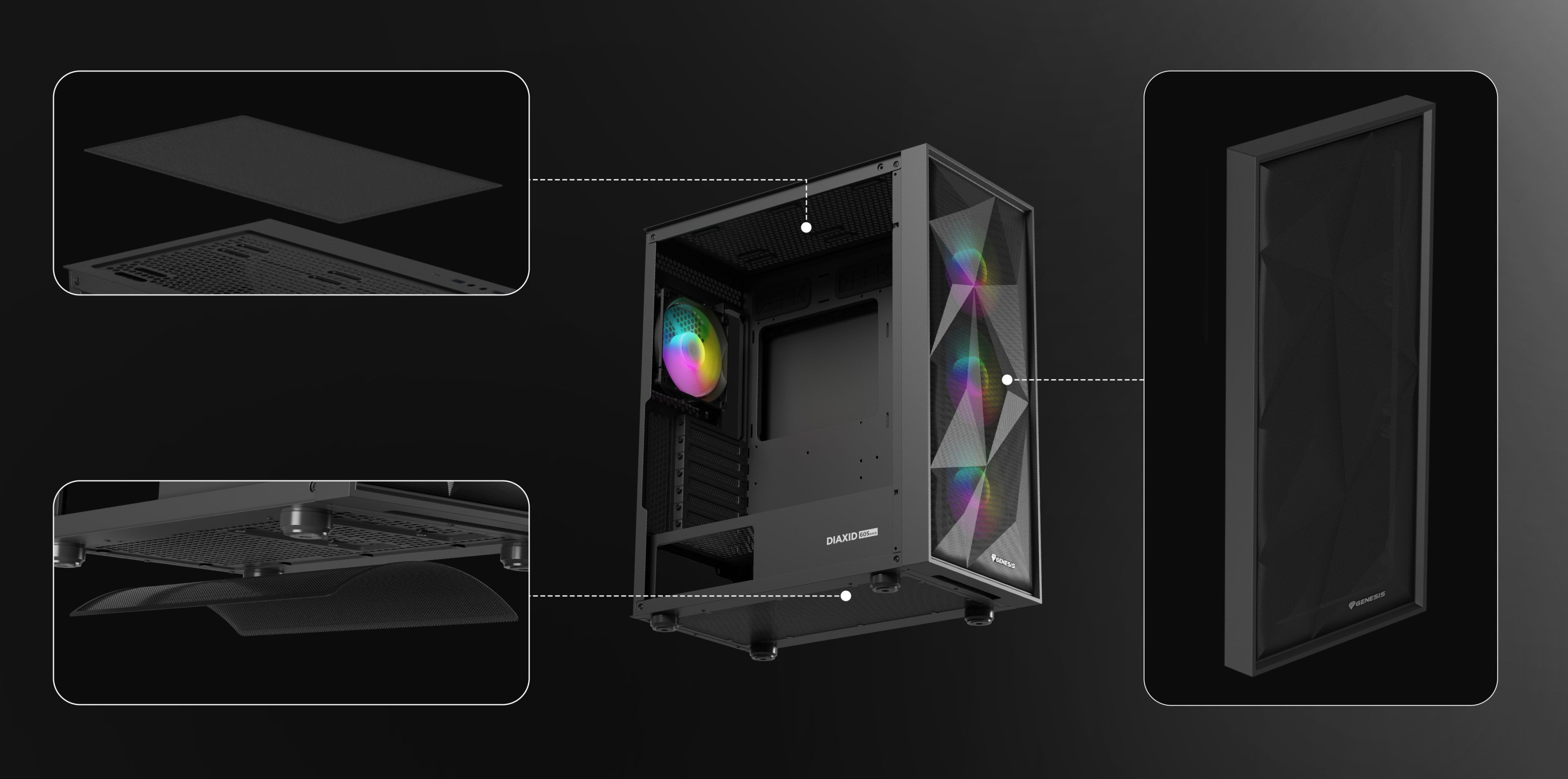 Black midi tower case with a transparent window and RGB lighting features displayed
